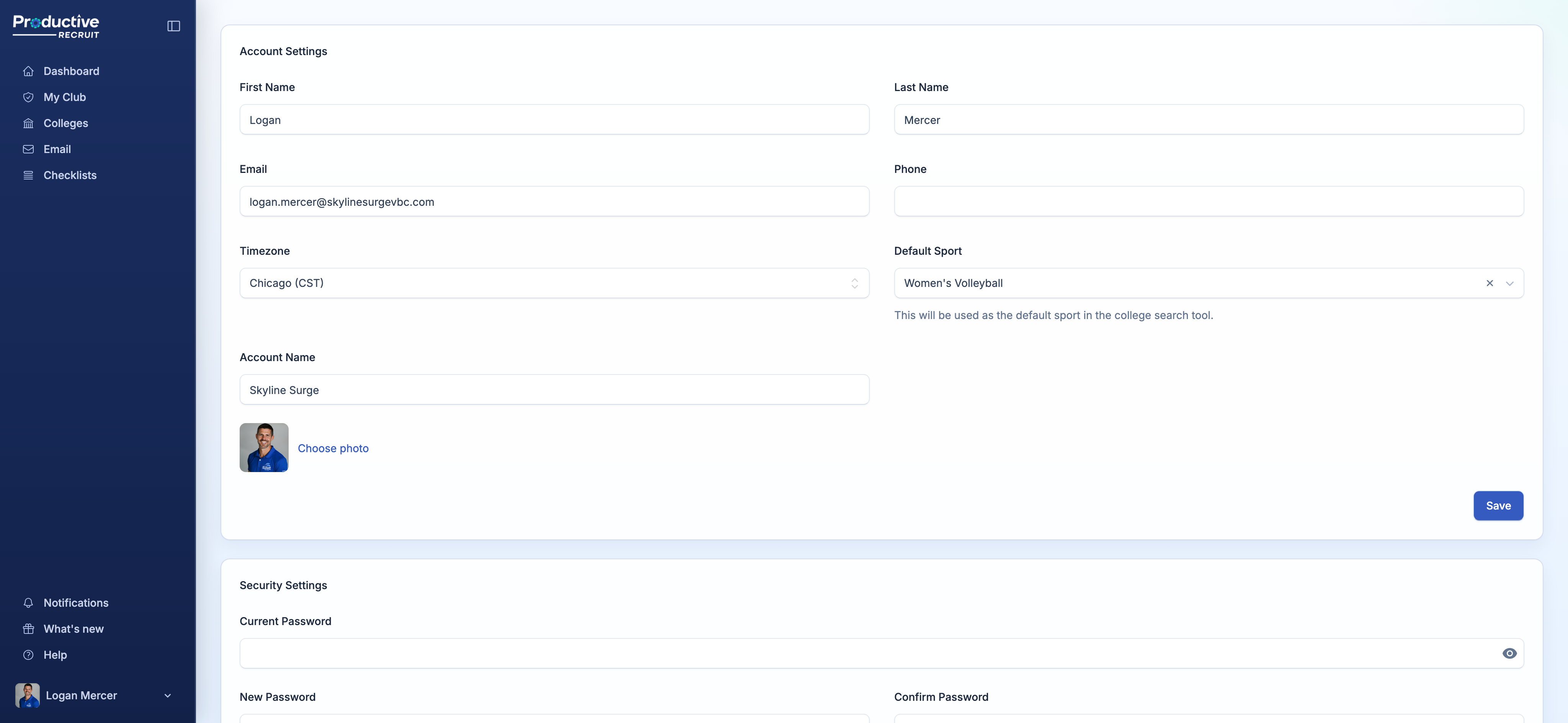 Security Settings card for changing your password