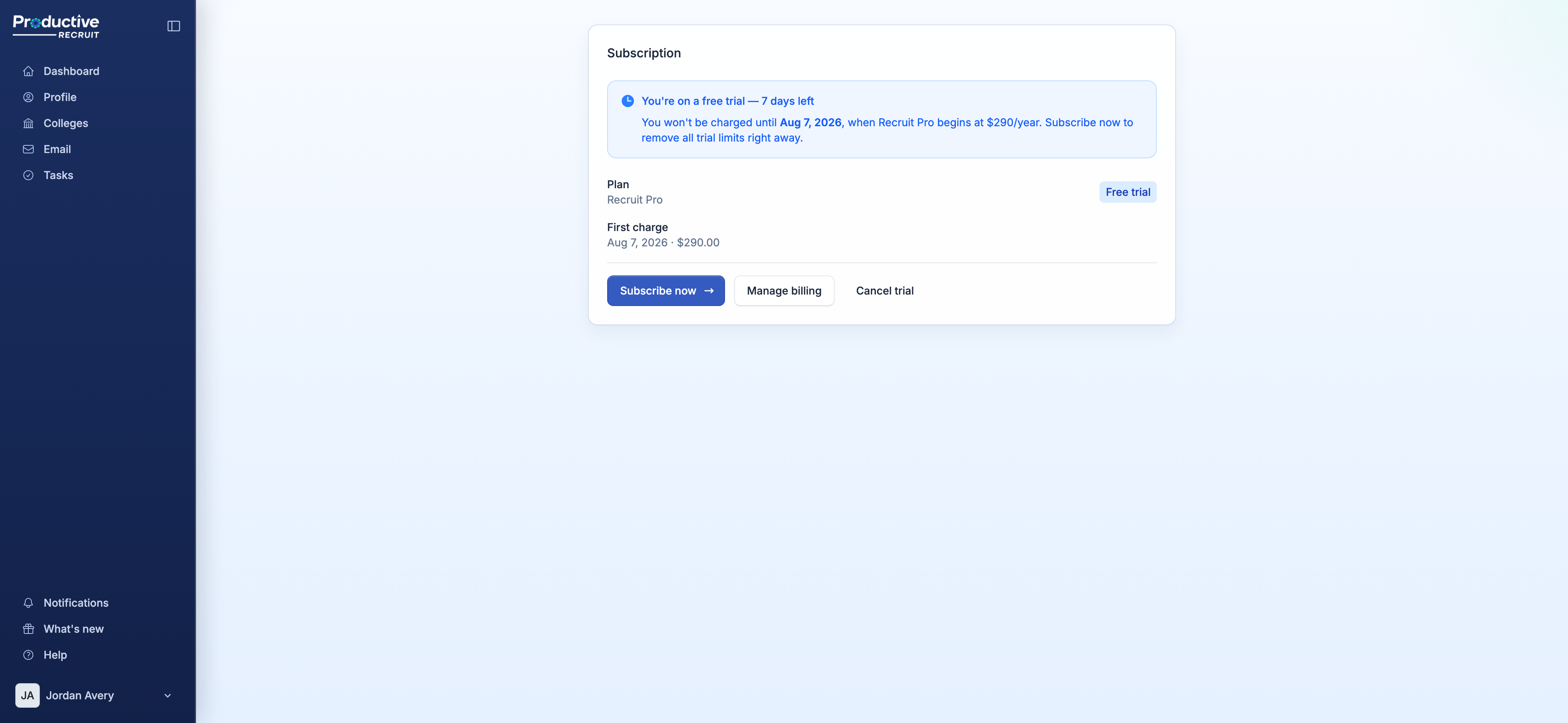 Trial status banner showing days remaining and the date you'll be charged