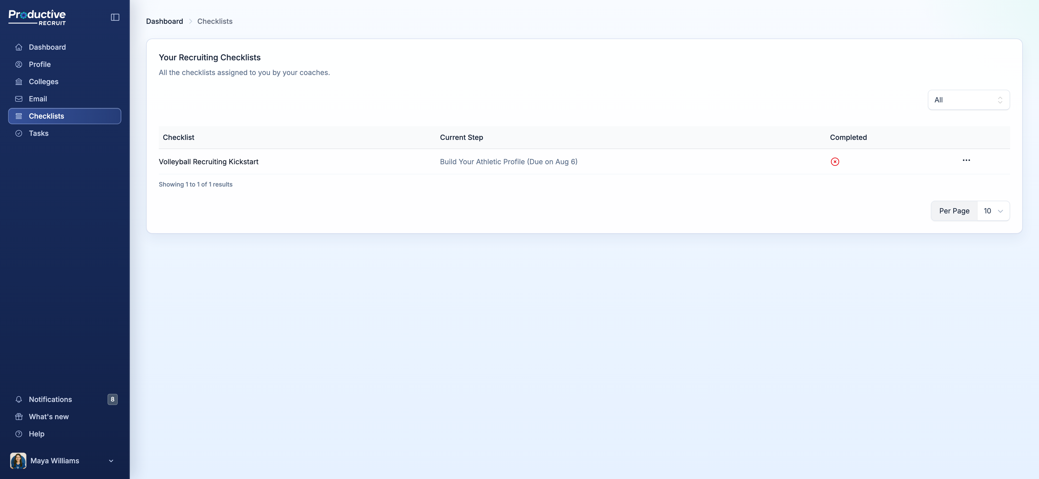 The athlete-facing 'Your Recruiting Checklists' page with status filter