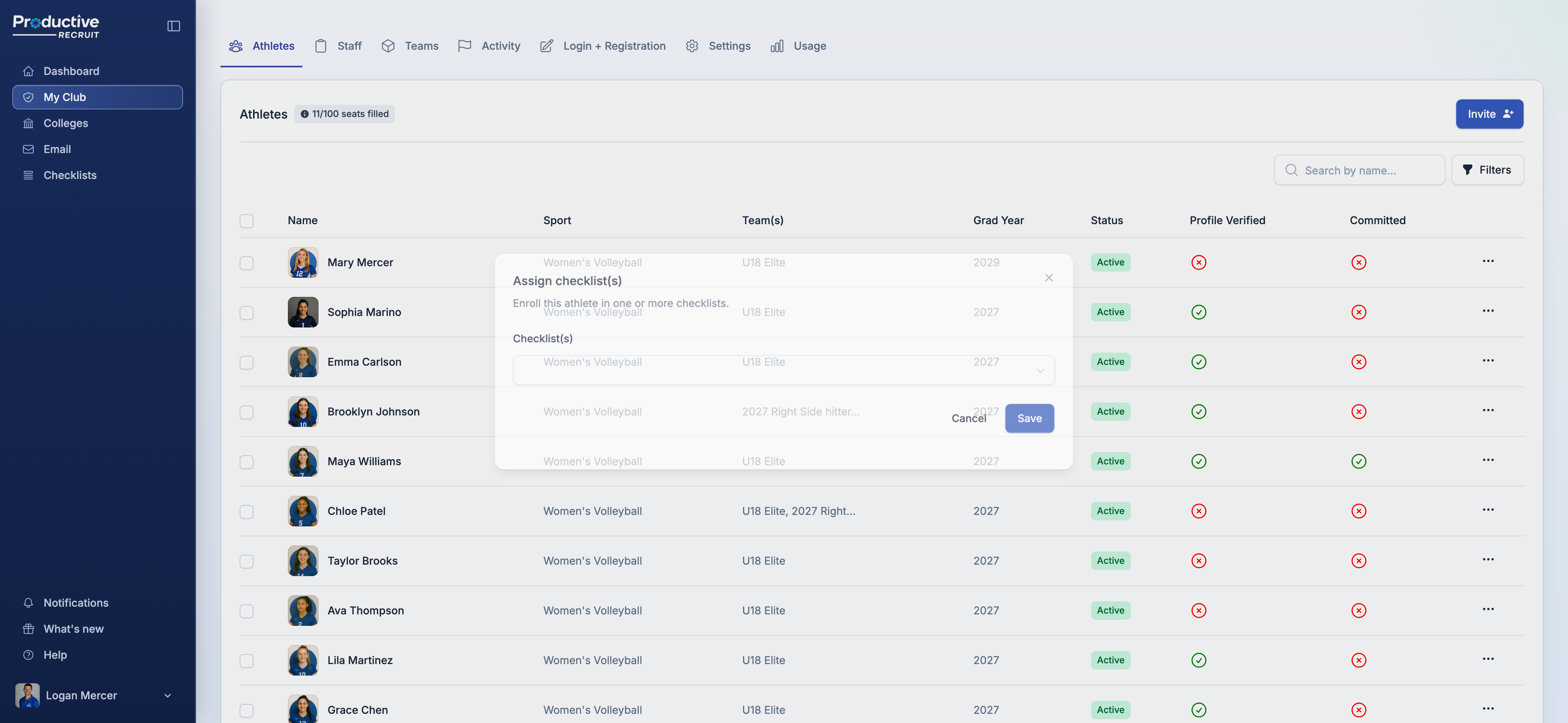 Assign Checklists pillbox for adding a checklist to an existing athlete