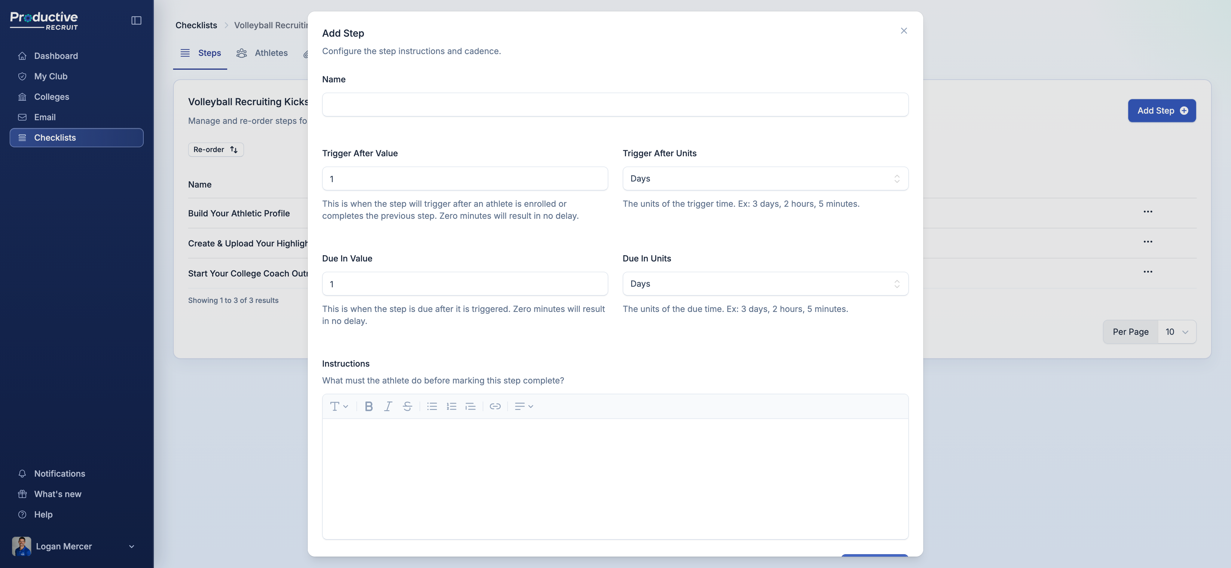 Add Step modal showing the DRIP trigger and due-time fields