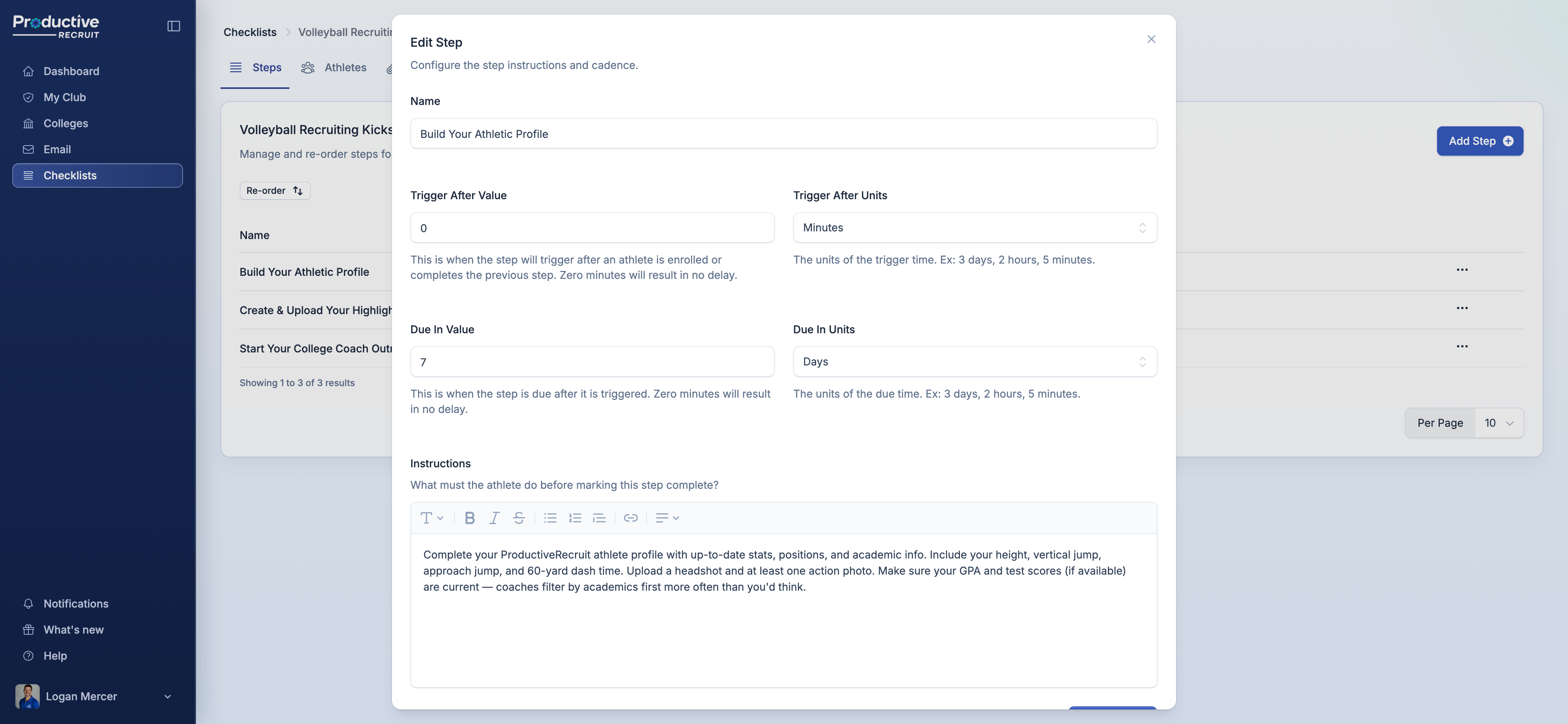 Rich text editor for step instructions with formatting toolbar