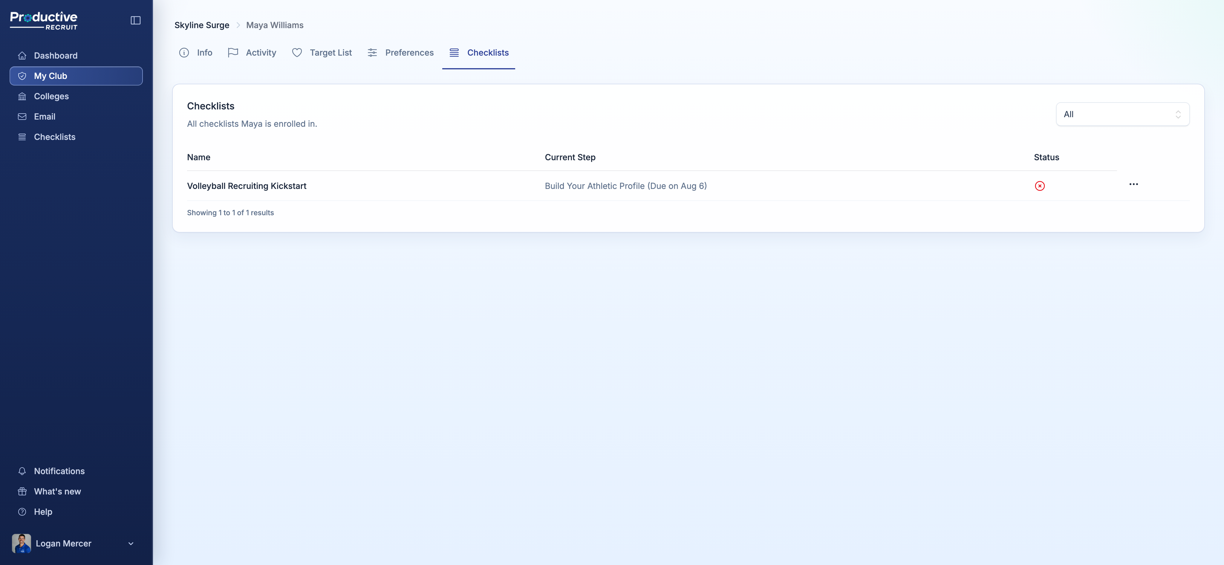 Per-athlete view inside a space listing all of that athlete's checklist enrollments