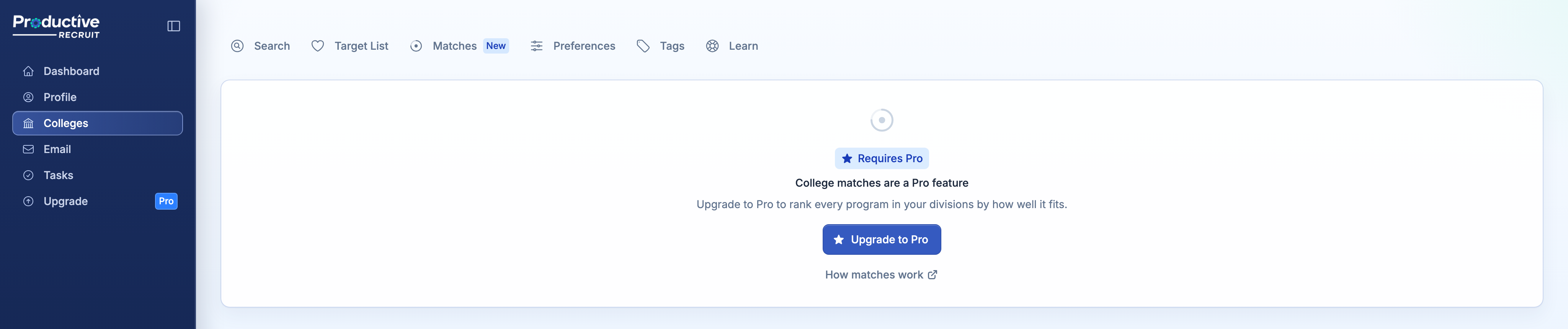 The Matches page on a free plan, with the Requires Pro card in place of matches