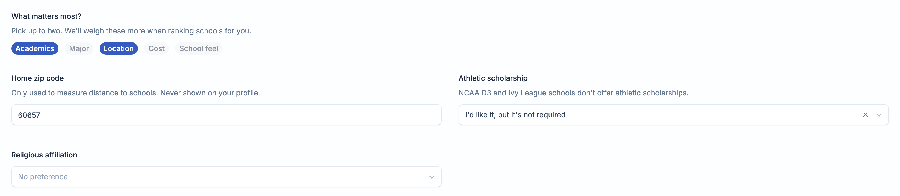 What matters most?, Home zip code, Athletic scholarship, and Religious affiliation at the bottom of College Preferences