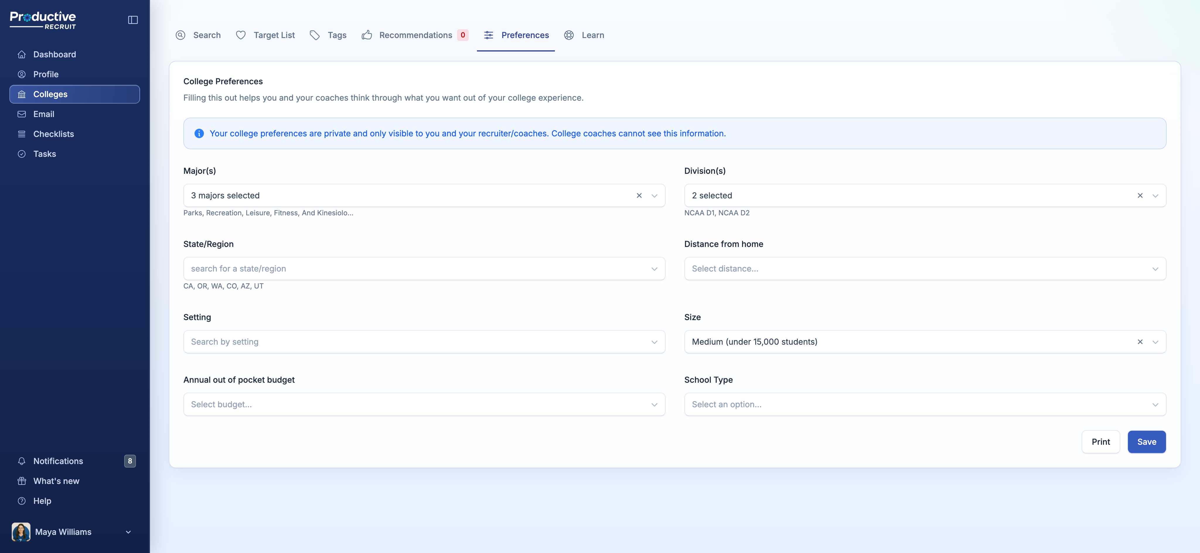 College Preferences division picker with FBS/FCS shown as separate options for football