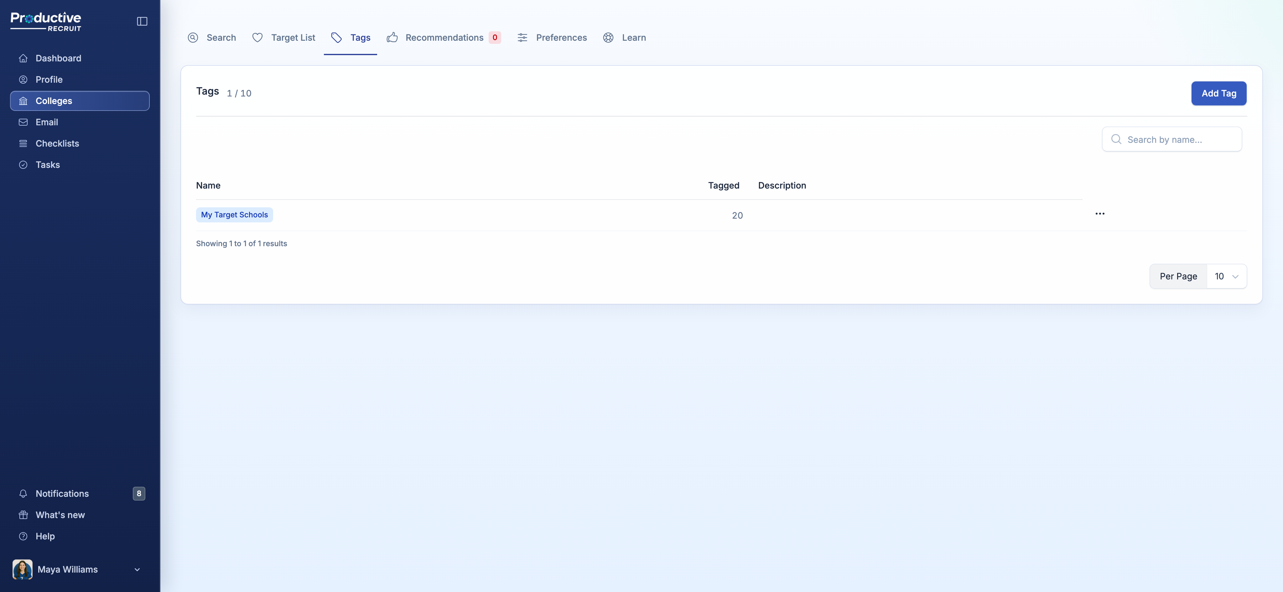 Tags page showing your tag list with color, usage count, and description