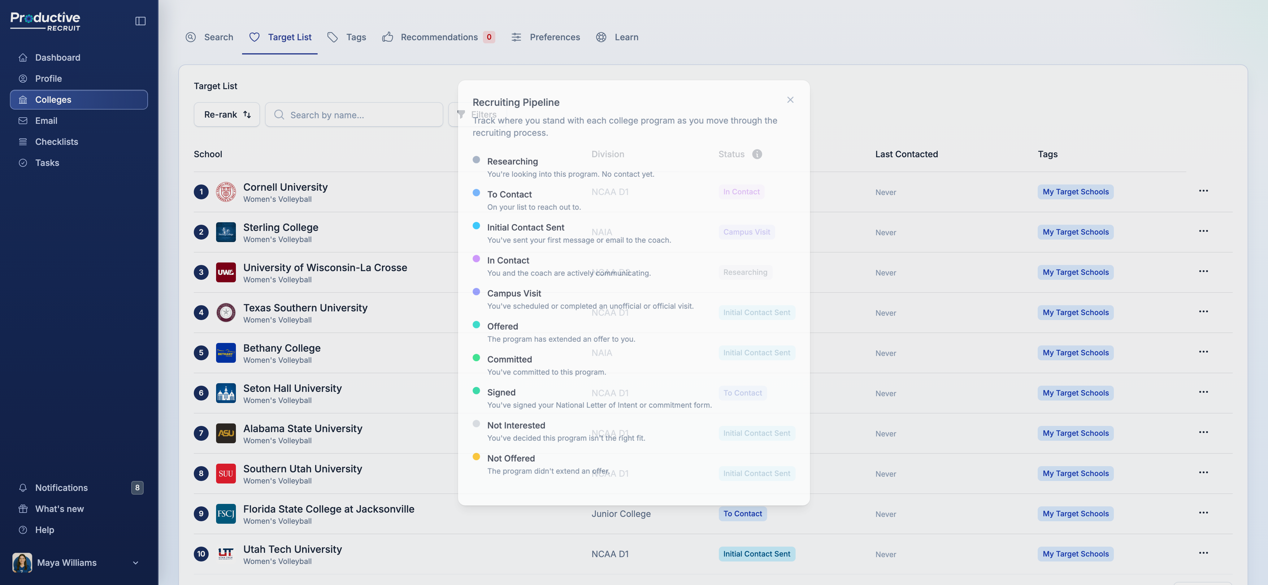 The Recruiting Pipeline info modal showing all 10 status definitions