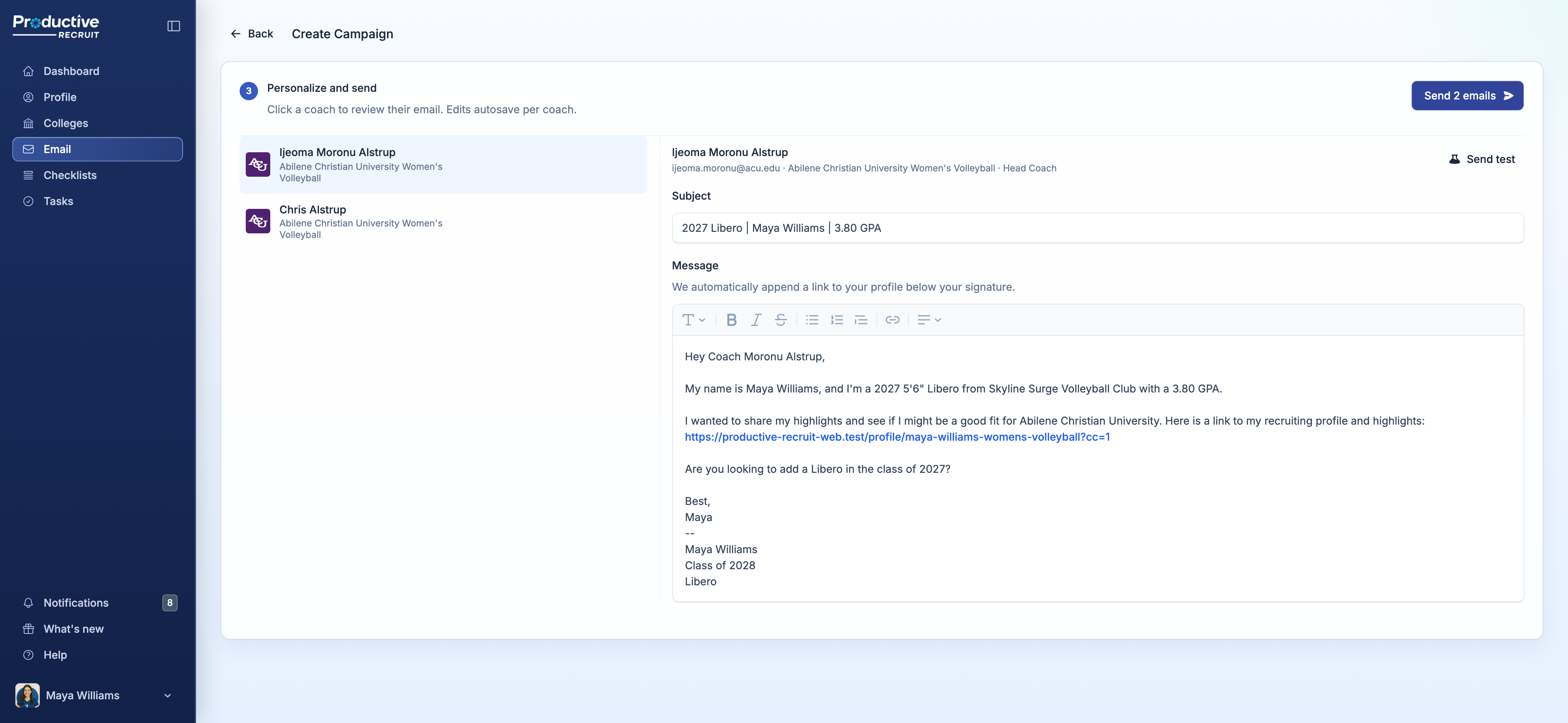 Step 3 personalize-and-send editor showing per-recipient overrides