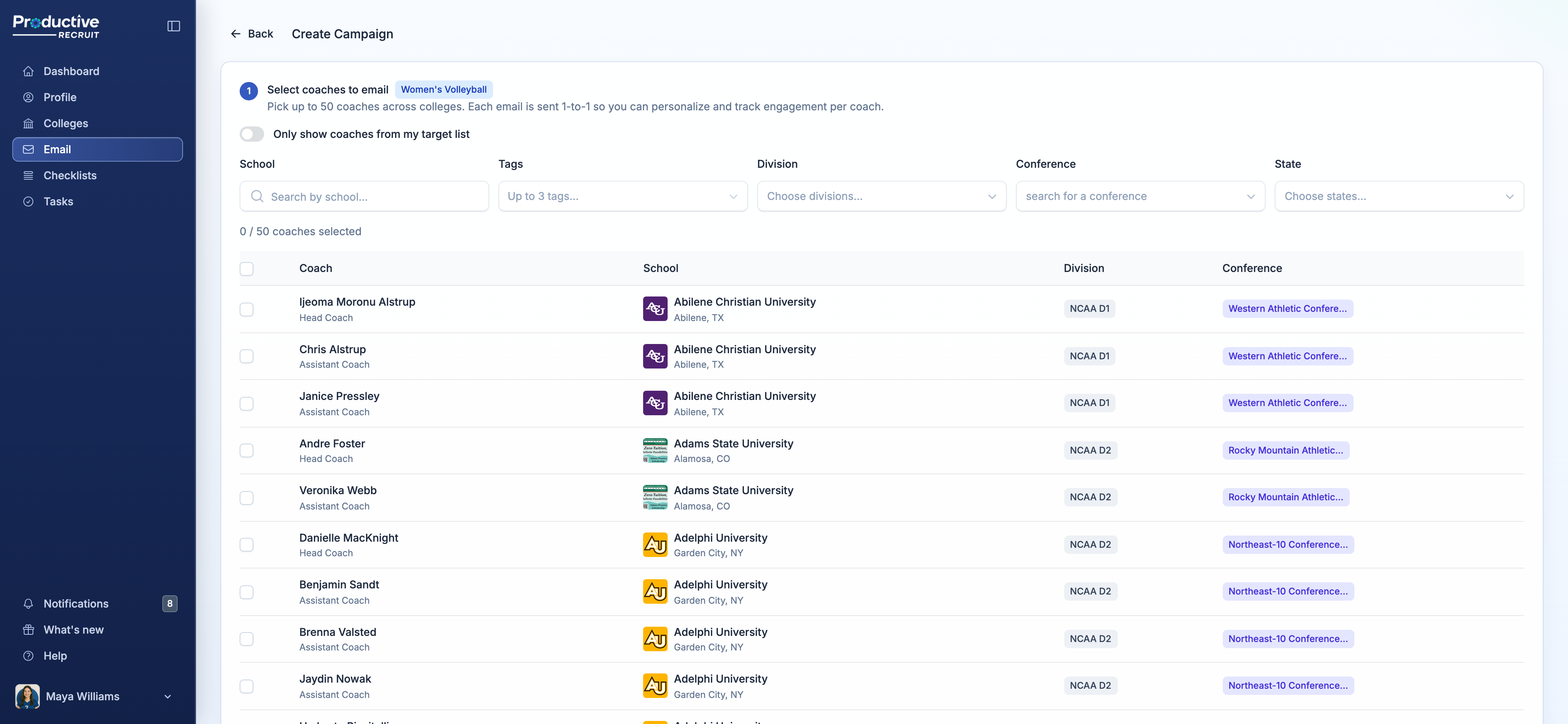 Step 1 coach selection screen with sport, division, and tag filters