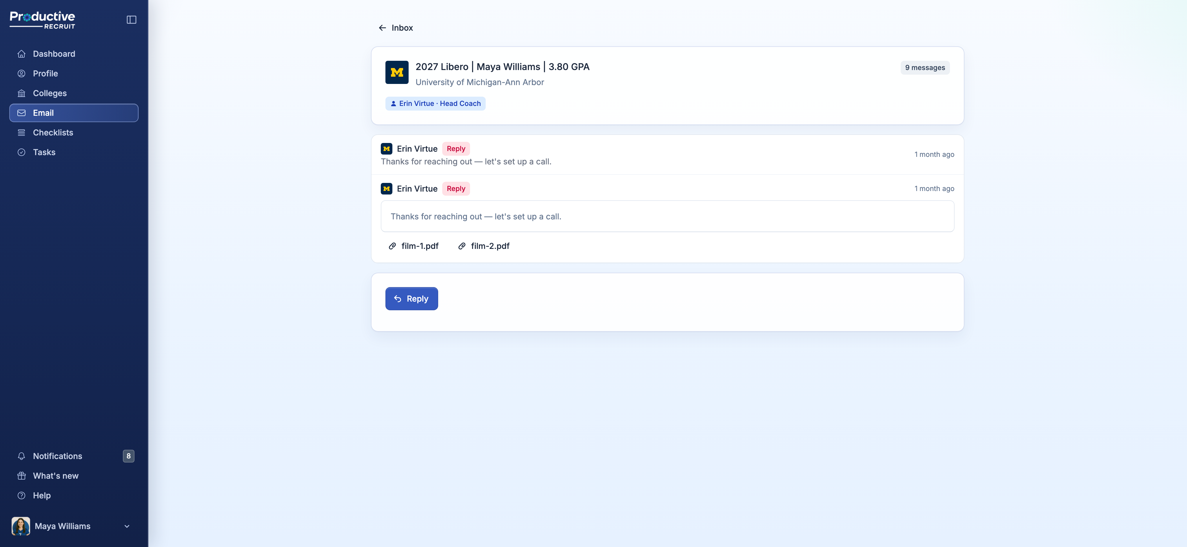 A conversation thread with the coach's reply and the in-app reply composer