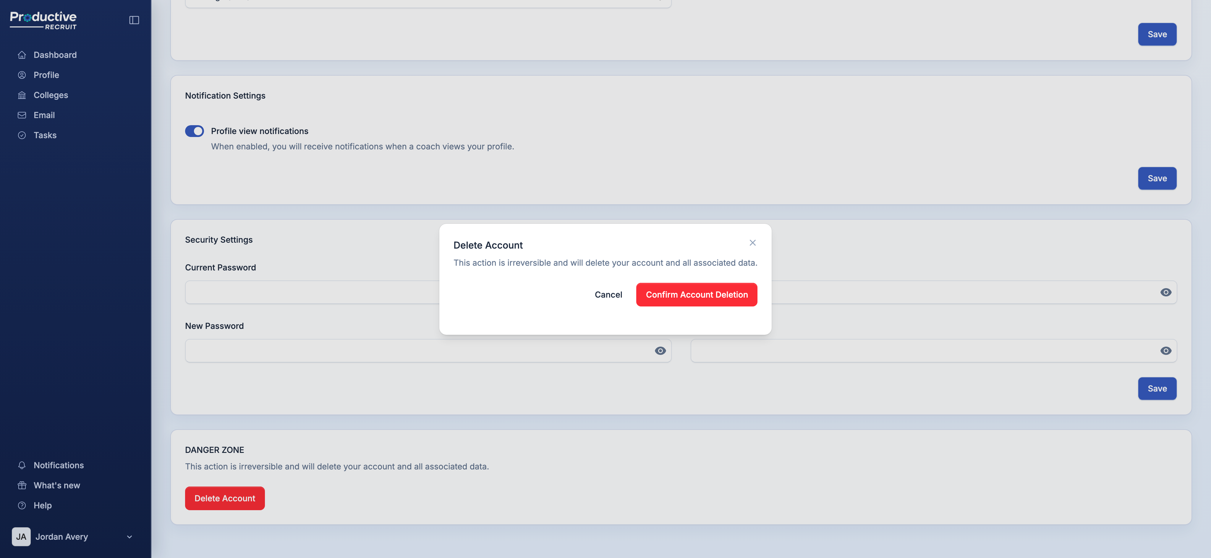 Delete Account confirmation modal in account settings