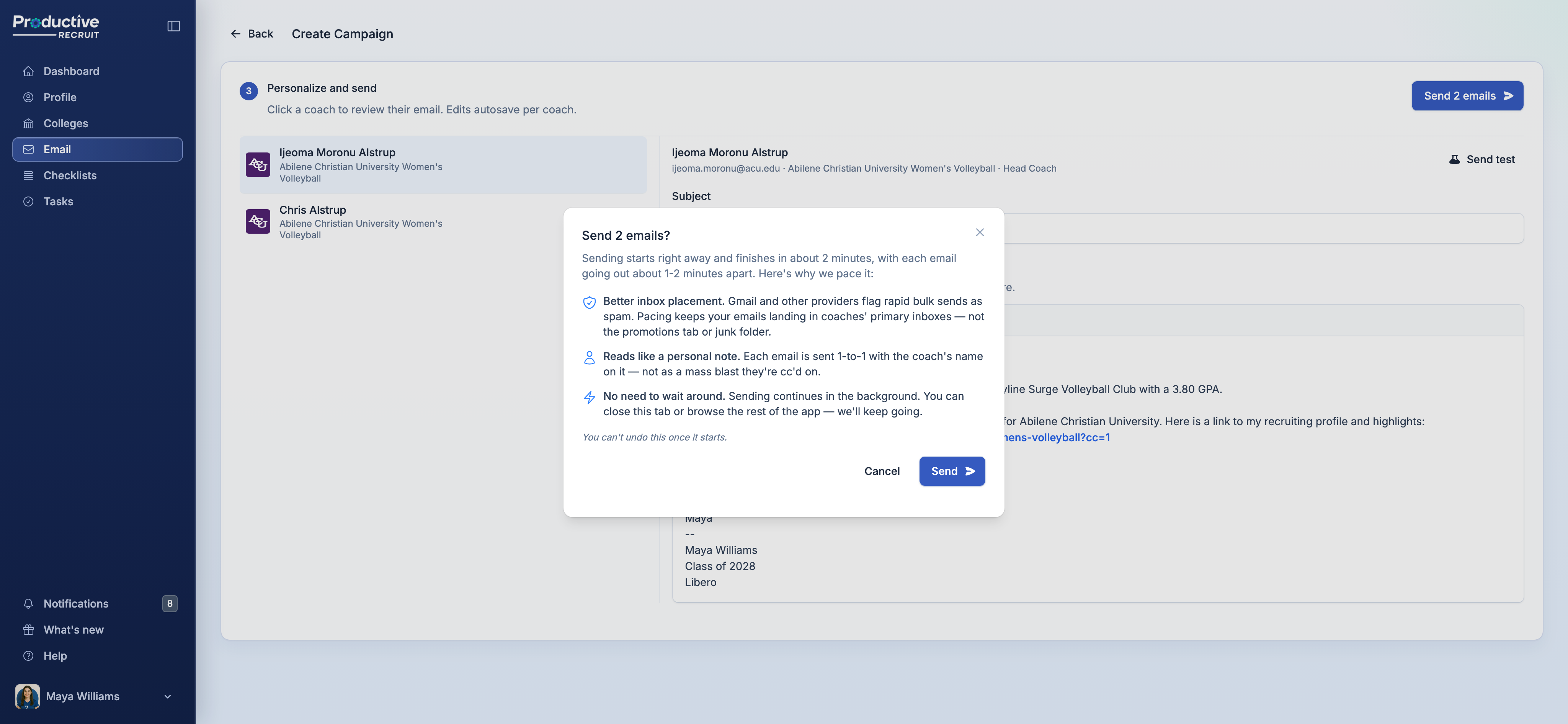 In-app message shown before a campaign send, explaining why emails go out 1-2 minutes apart