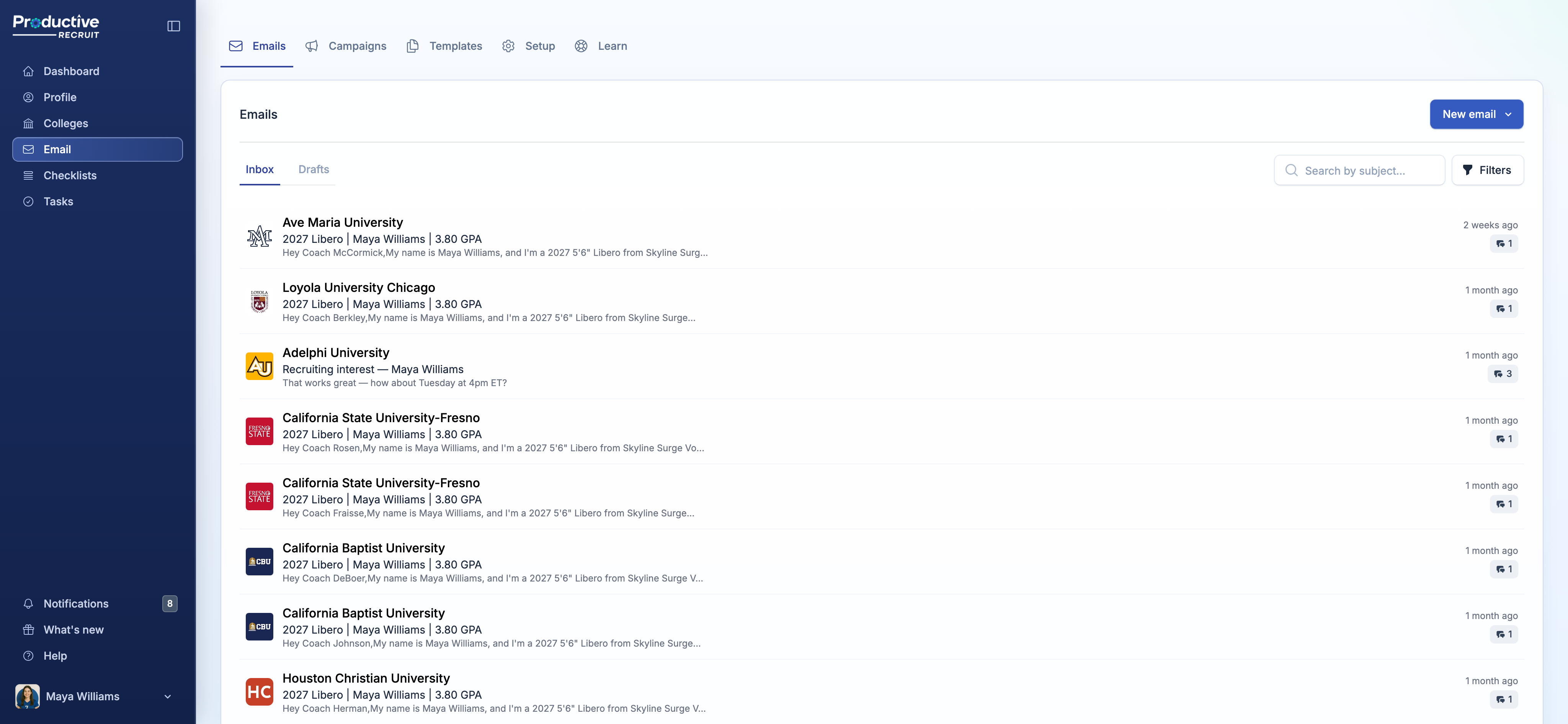Email list showing Sent, Opened, and other status badges