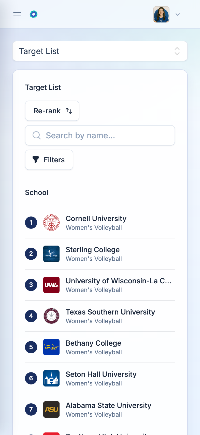 The target list on a phone, with filters collapsed into a mobile-friendly menu