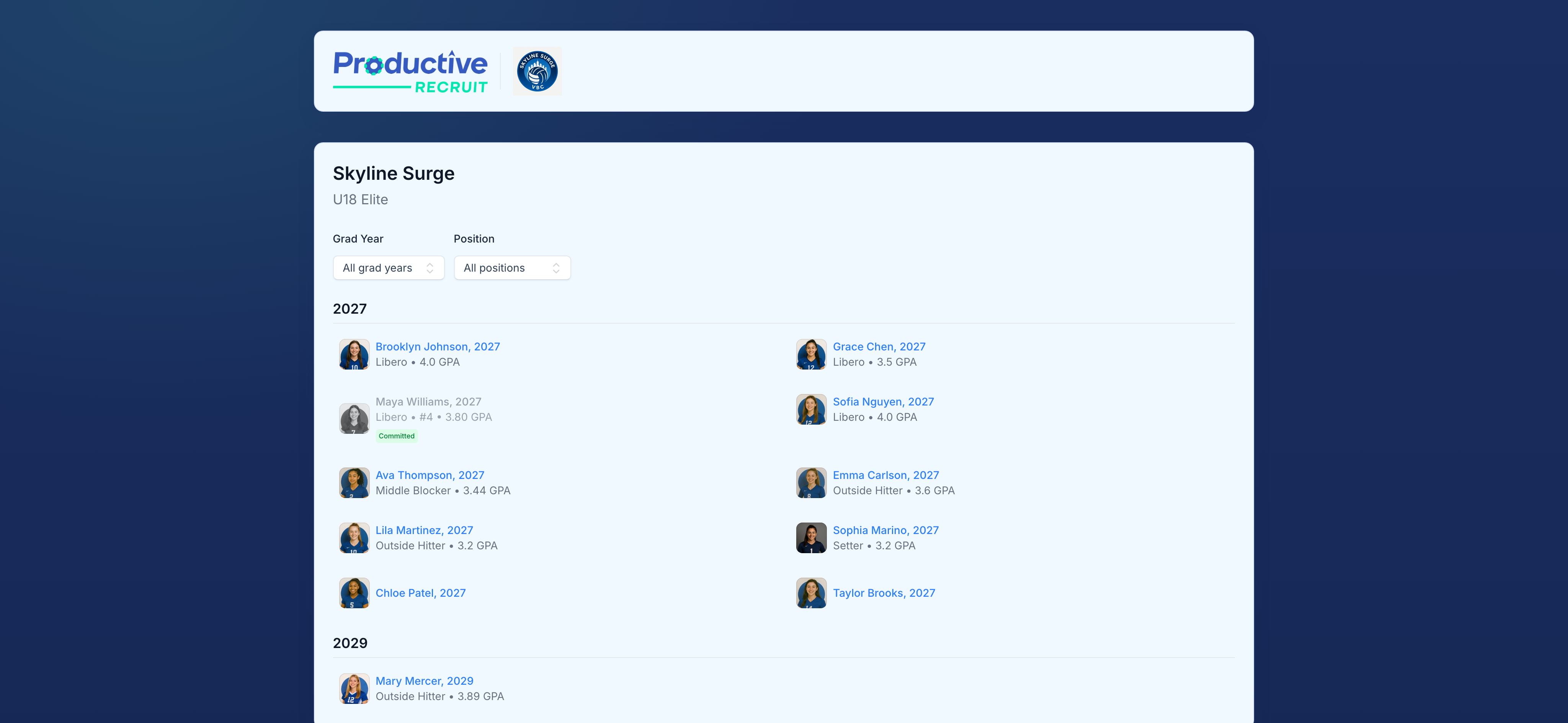Public team directory page showing the athlete roster