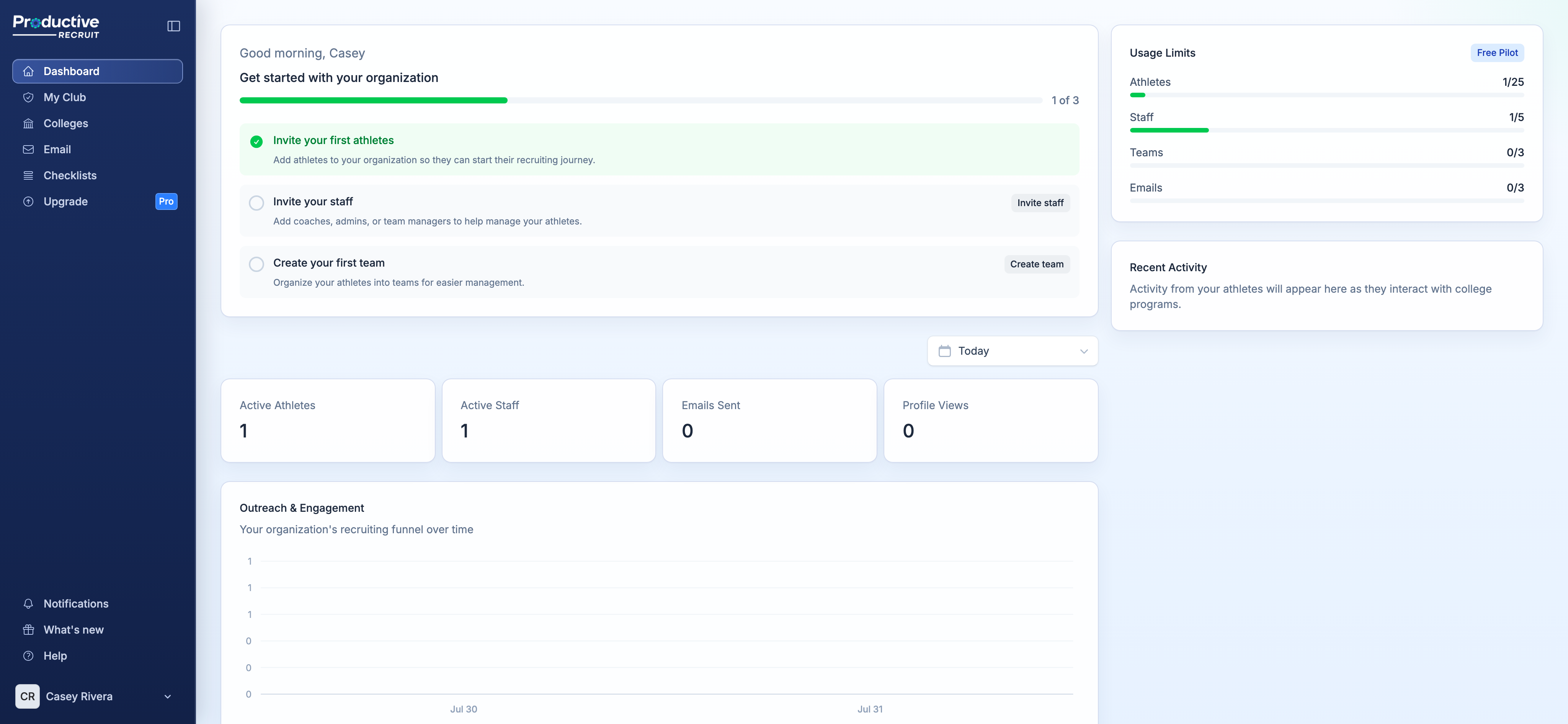 Admin dashboard getting-started checklist, which skips the team-creation step for Recruiting Agency accounts