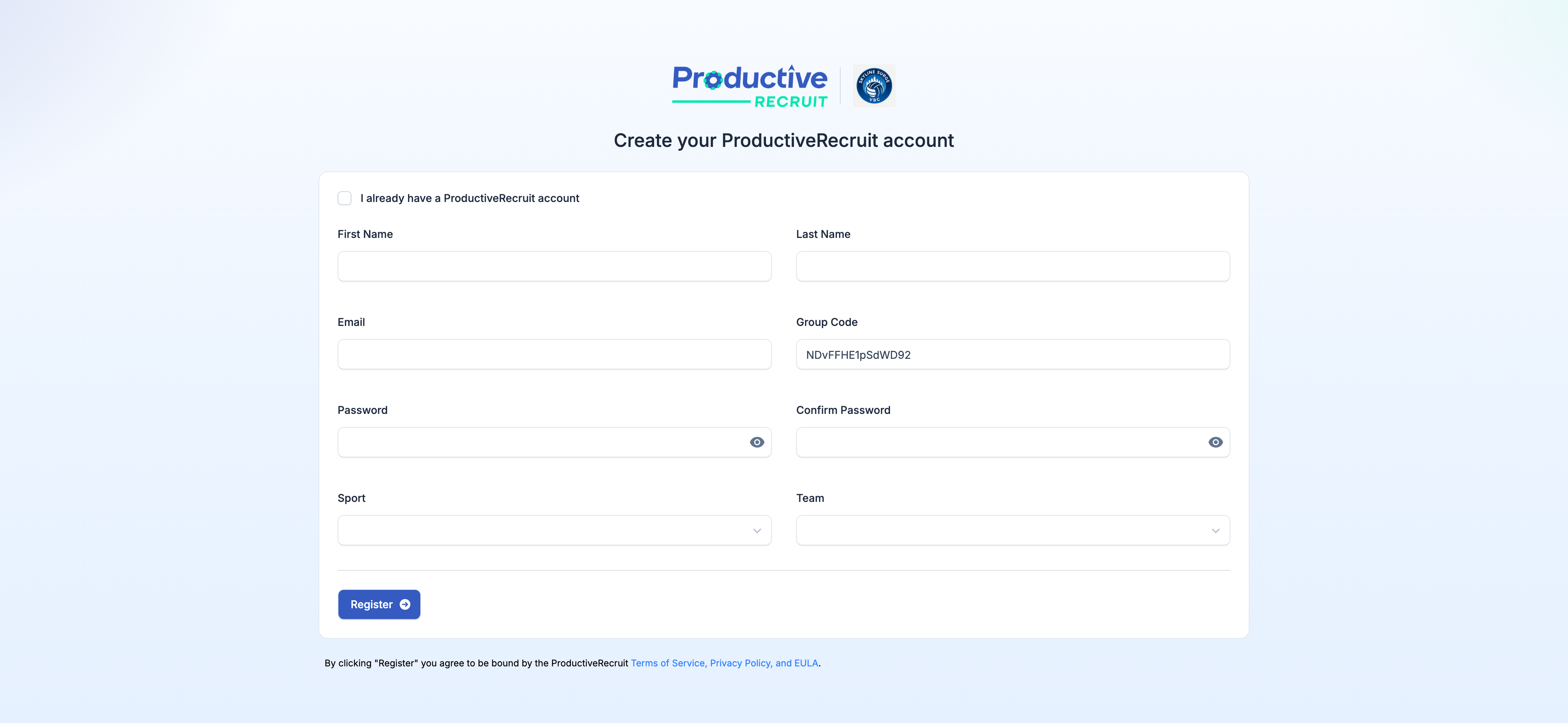 Athlete-facing self-registration form with the group code prefilled