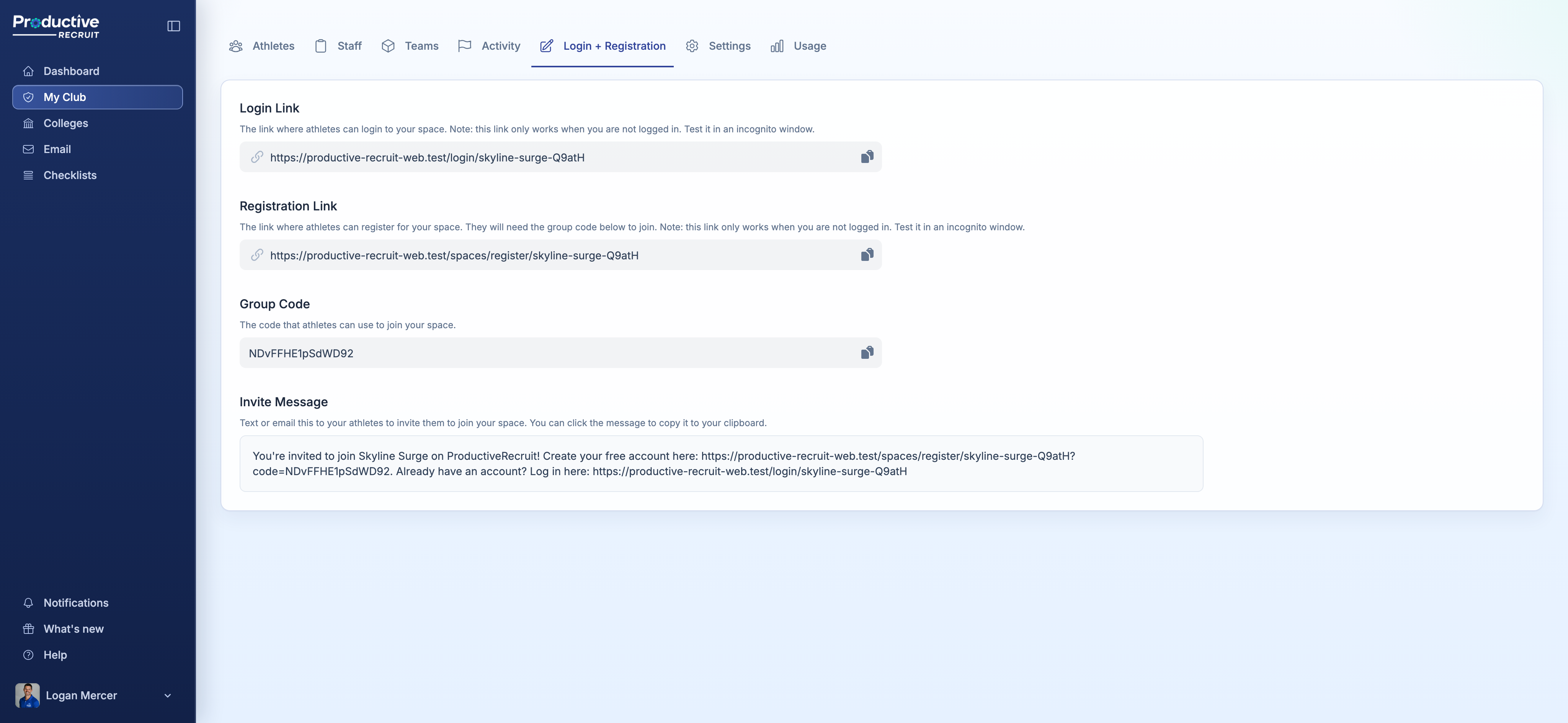 Admin registration page showing the Login Link, Registration Link, Group Code, and Invite Message blocks