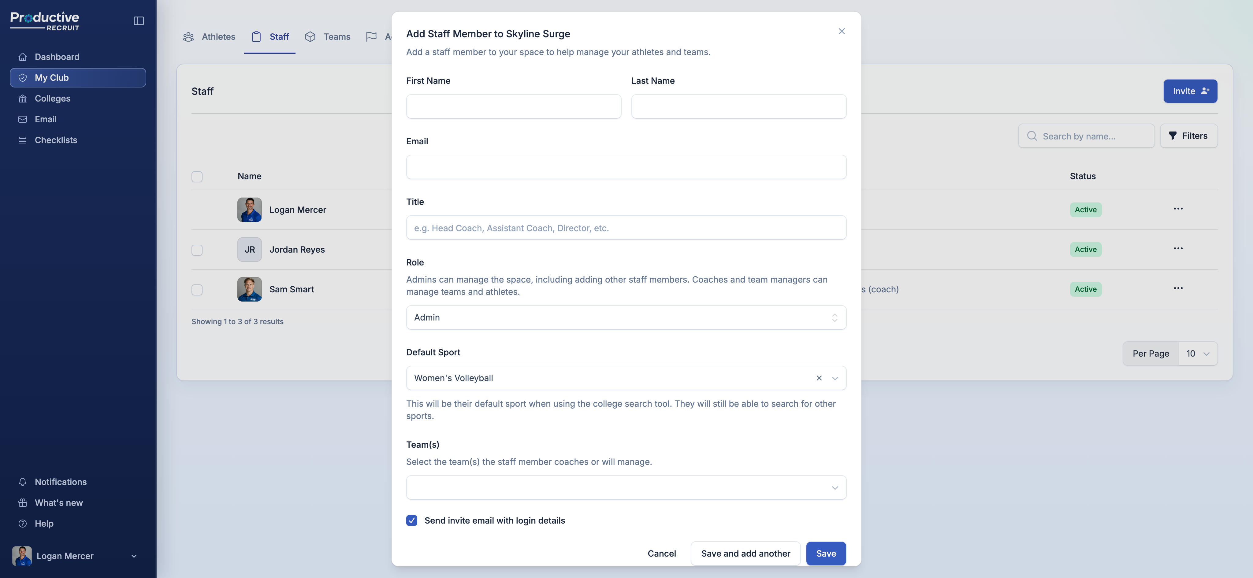 Invite Staff modal with role, sport, and team assignment fields