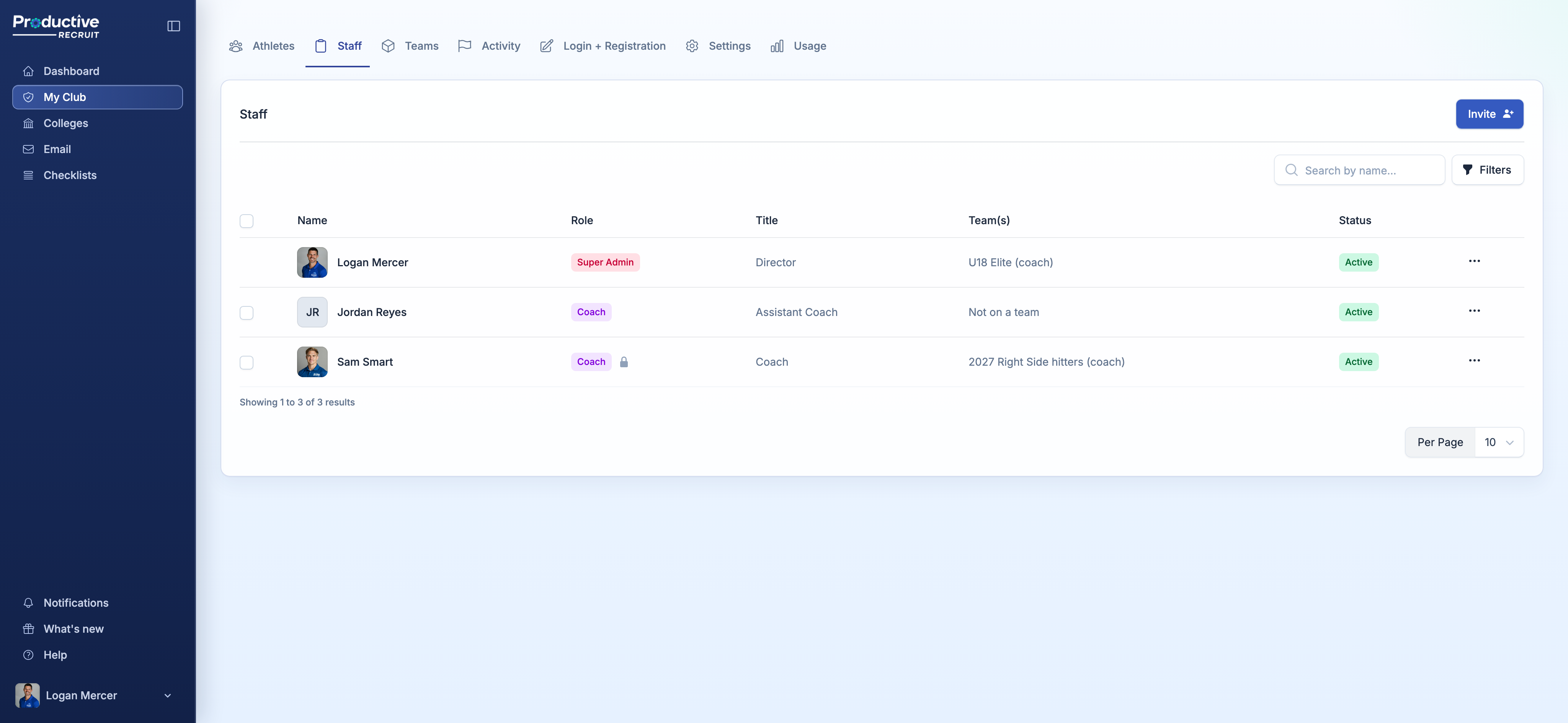 Staff list showing seat status and bulk actions