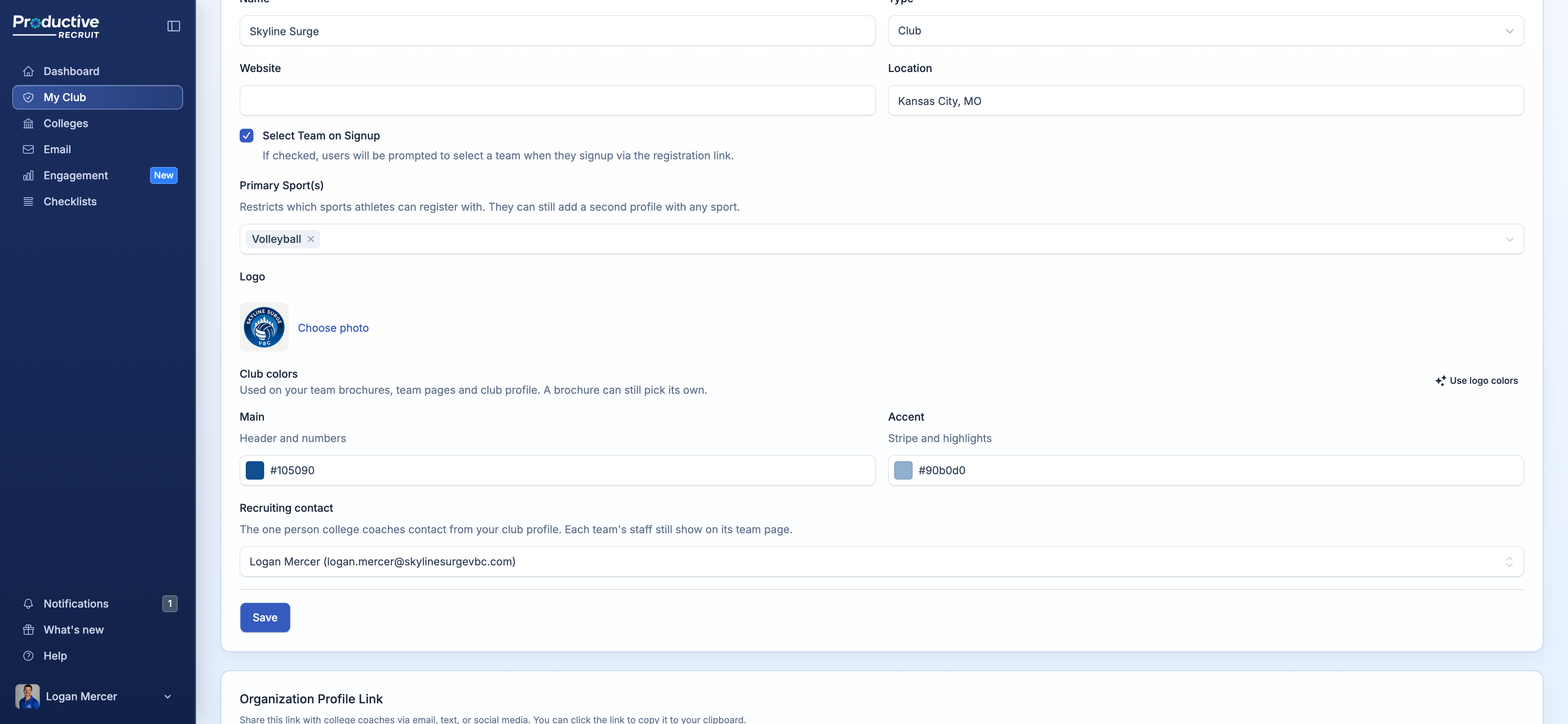 The Recruiting contact setting in space Settings, below your logo and colors