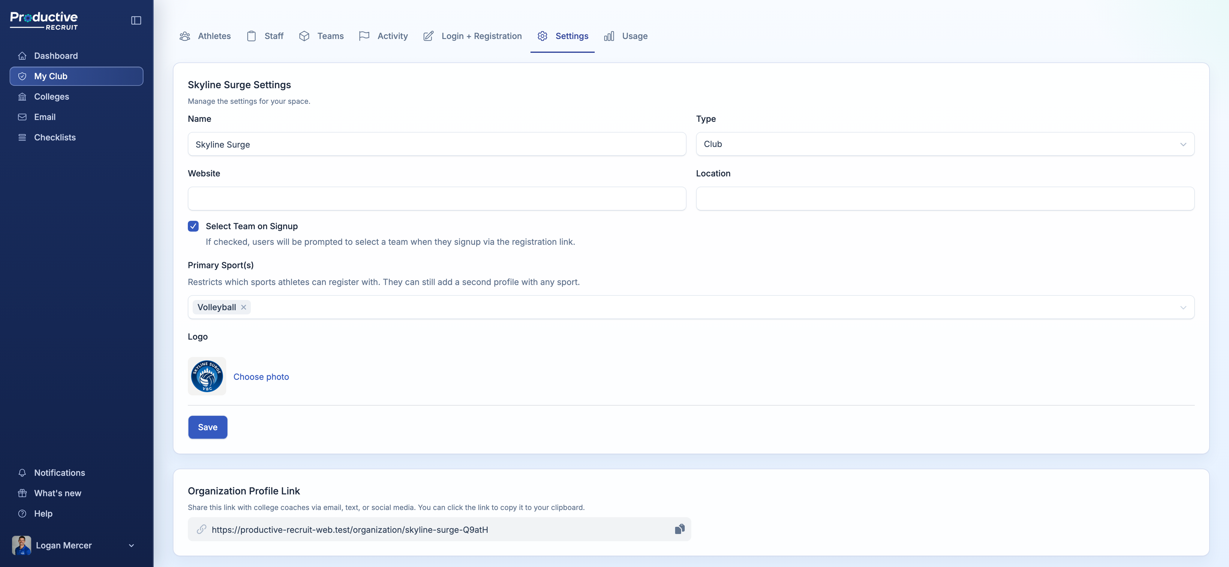 Space Settings page showing name, sport, registration link, and group code