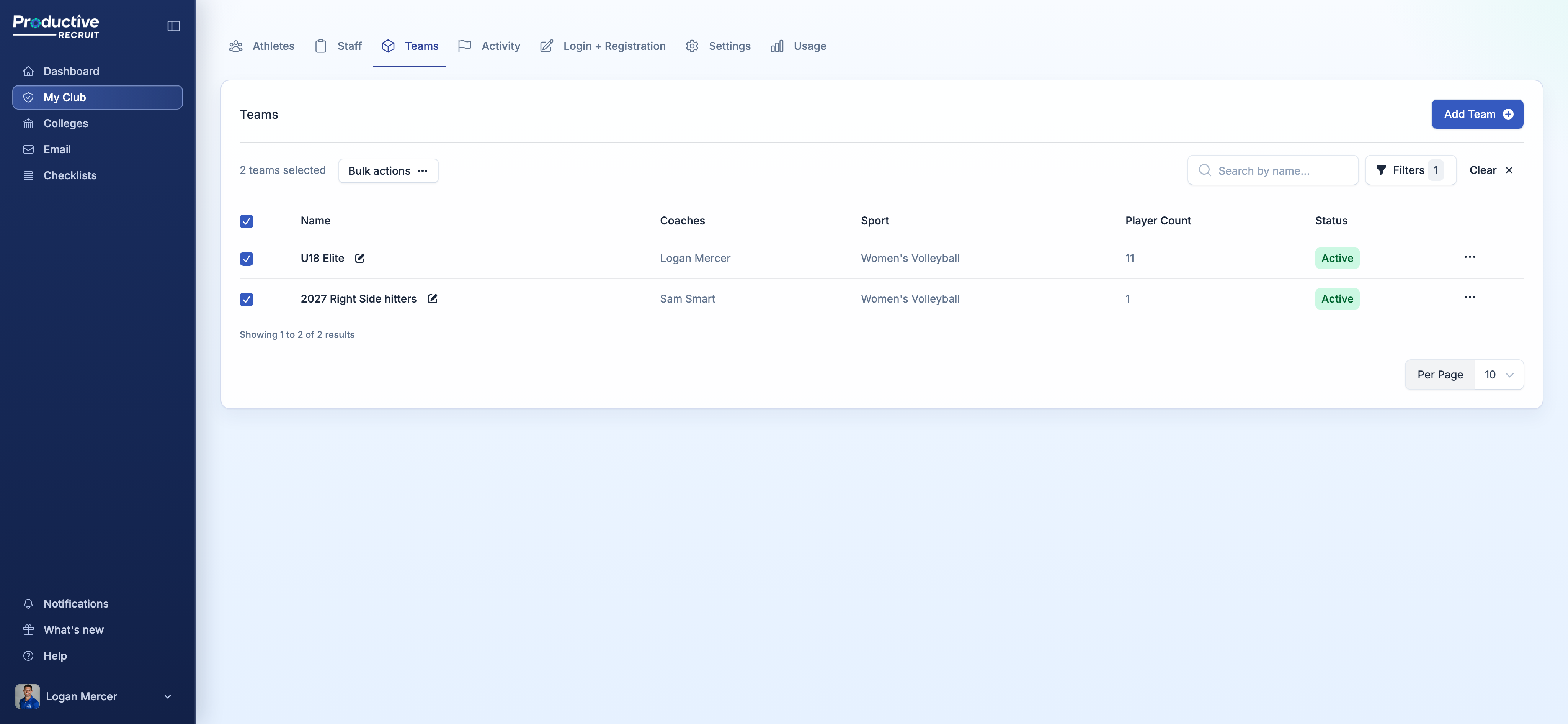 With teams selected, Bulk actions appears above the list. Each team name also has a pencil for renaming a single team in place.
