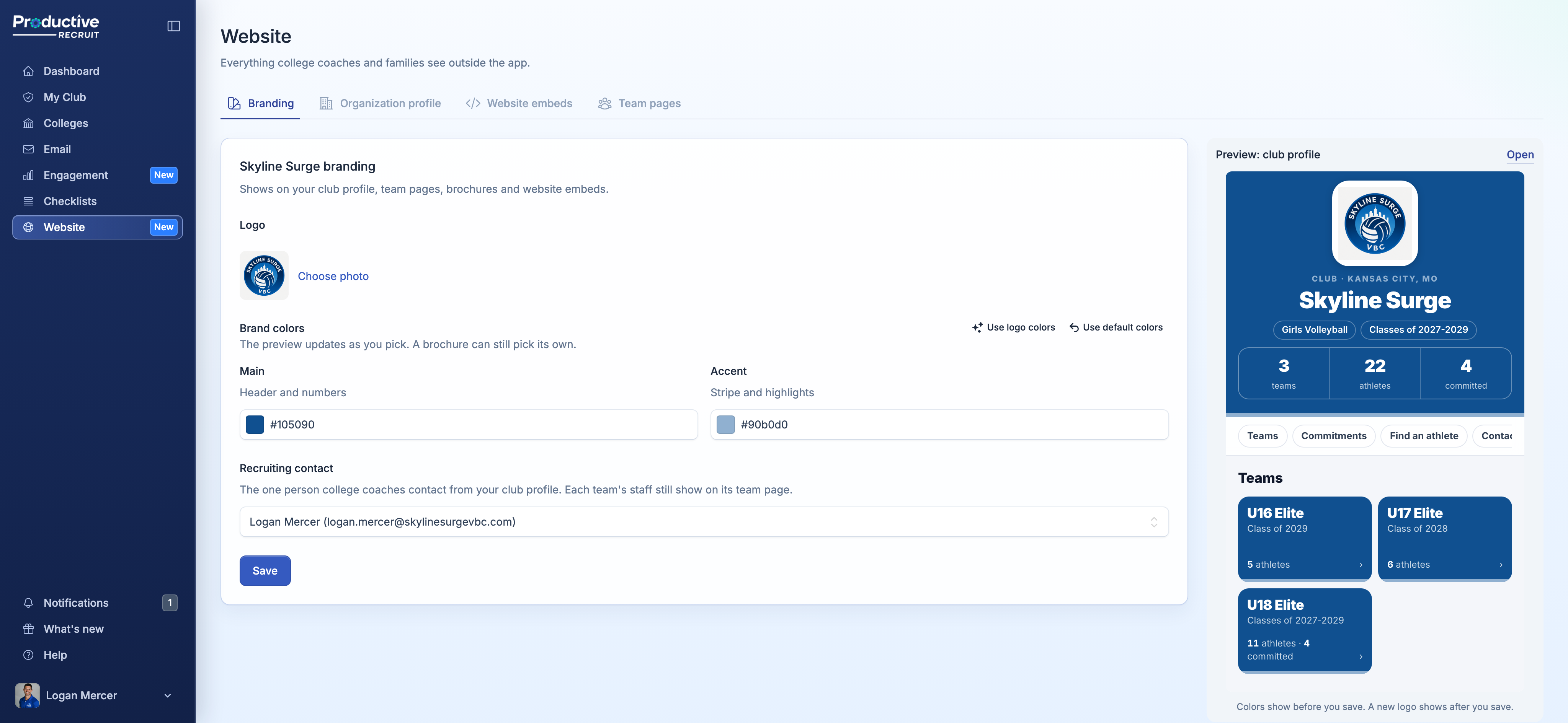 The Branding tab: logo, brand colors, and recruiting contact, with a live preview of your organization profile