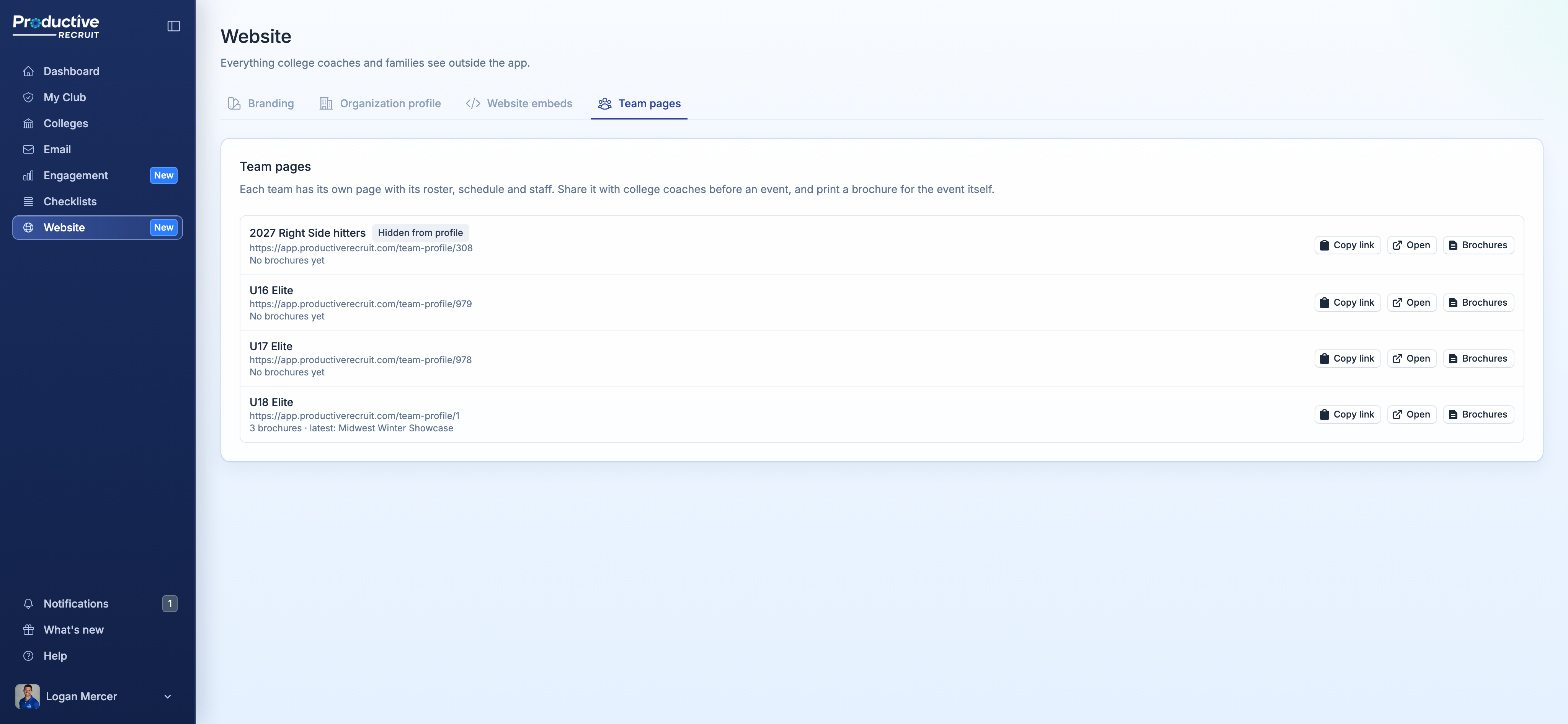 The Team pages tab: every team's public link and its brochures