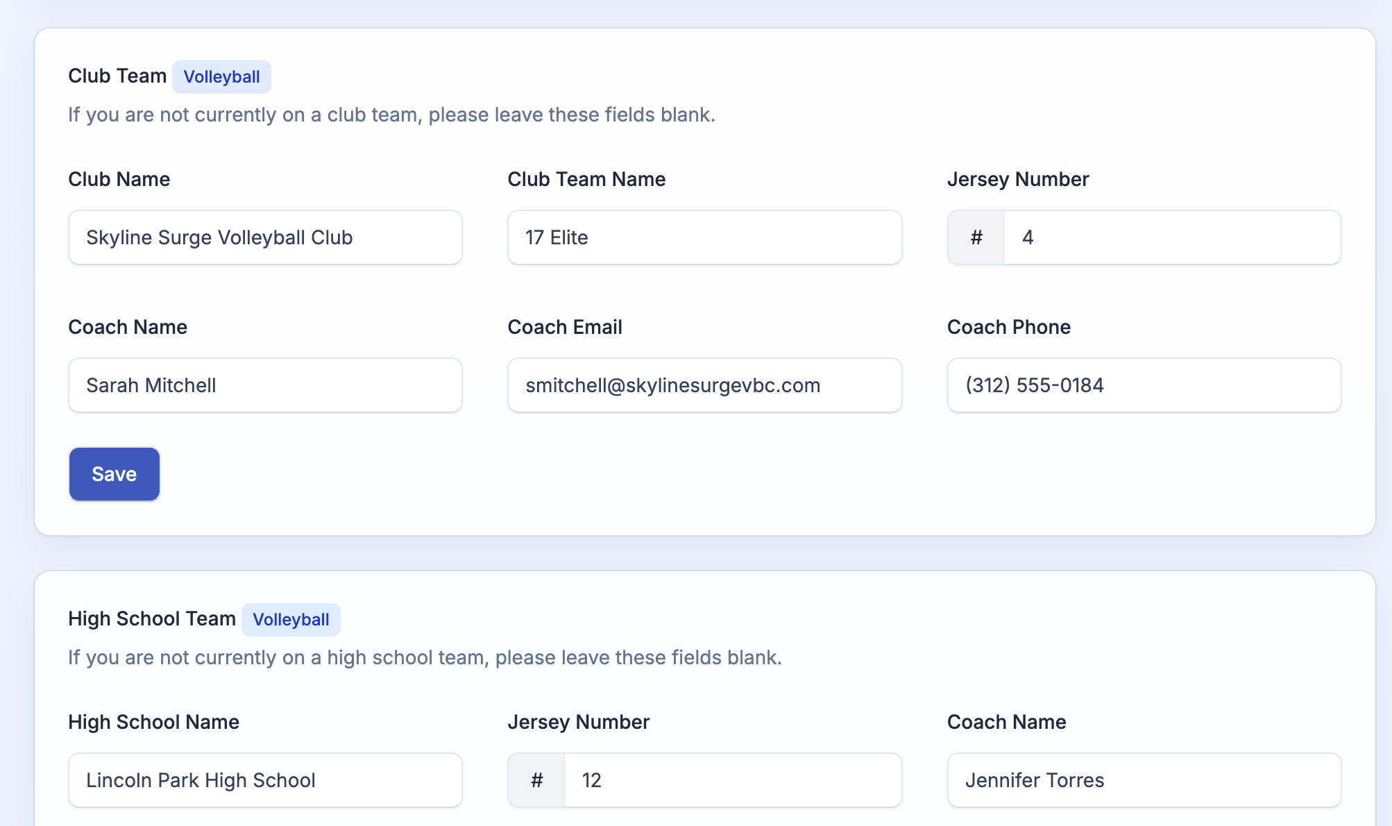 Club Team, High School Team, and Additional Team cards on the Athletics tab