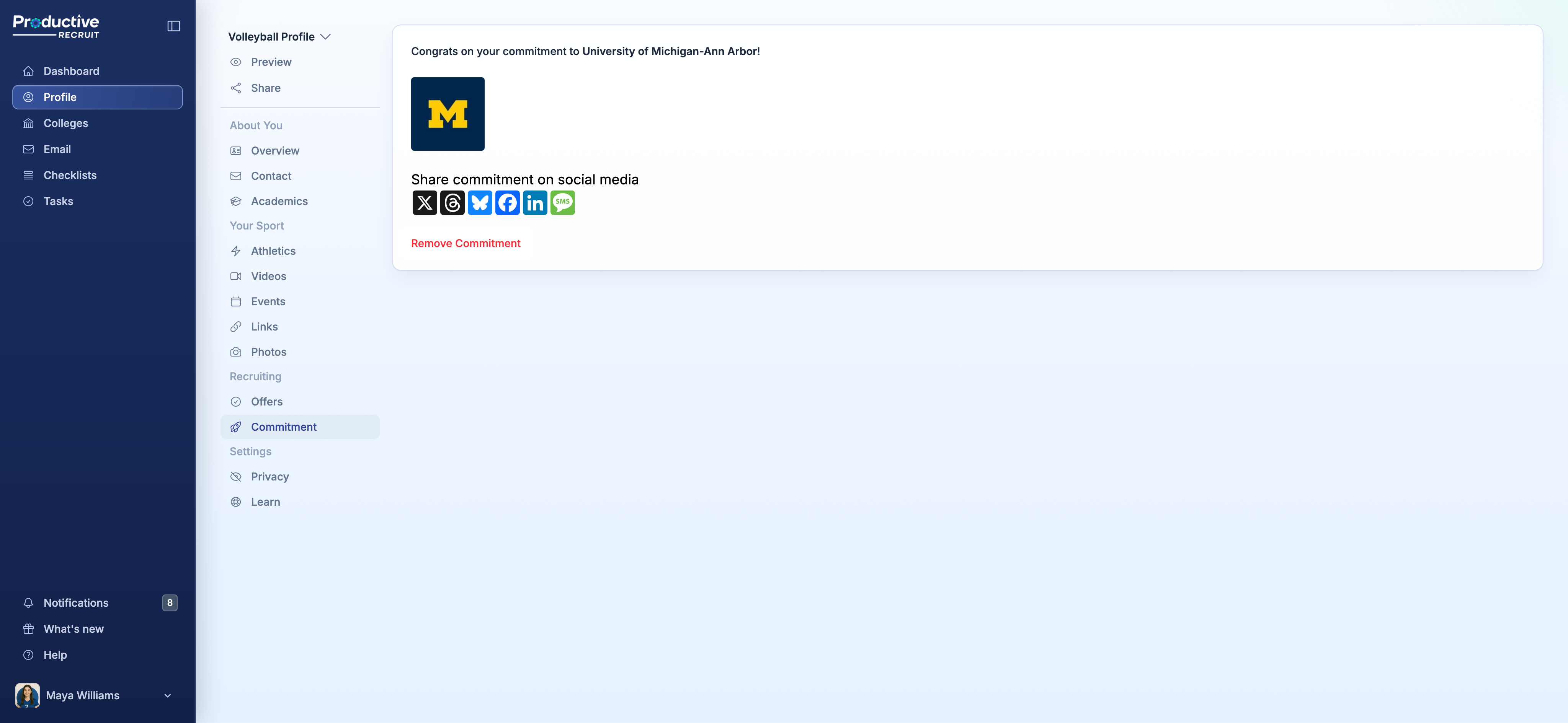 Commitment tab after saving, showing the college logo and social-share buttons