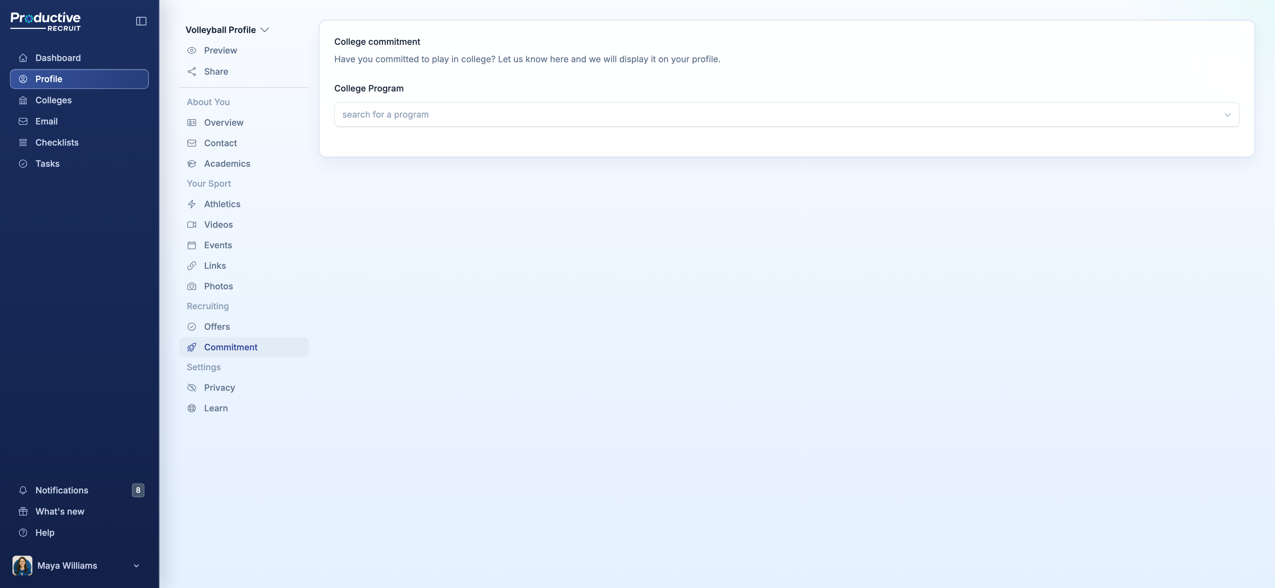 Commitment tab with the searchable college-program dropdown before you've committed