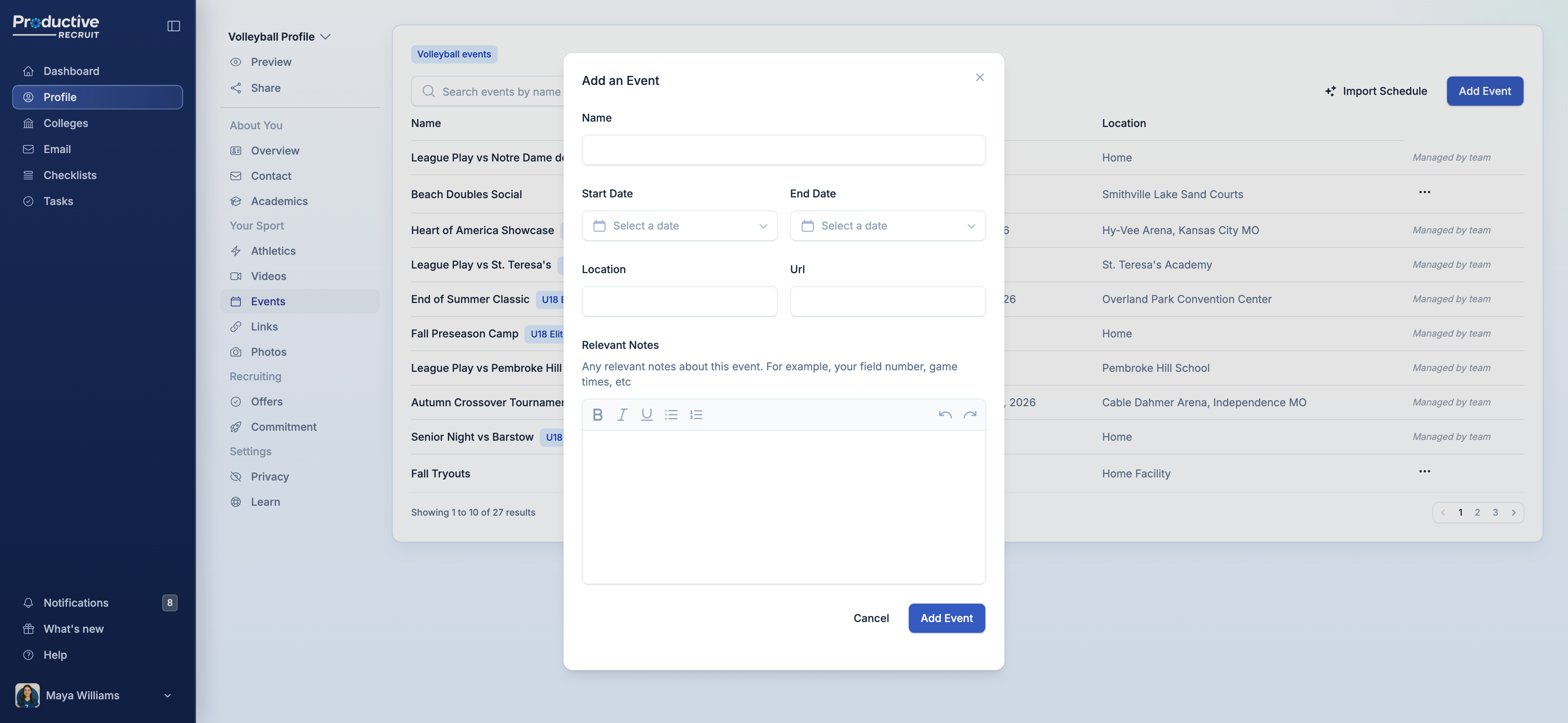 Add/Edit Event modal with name, dates, location, URL, and notes