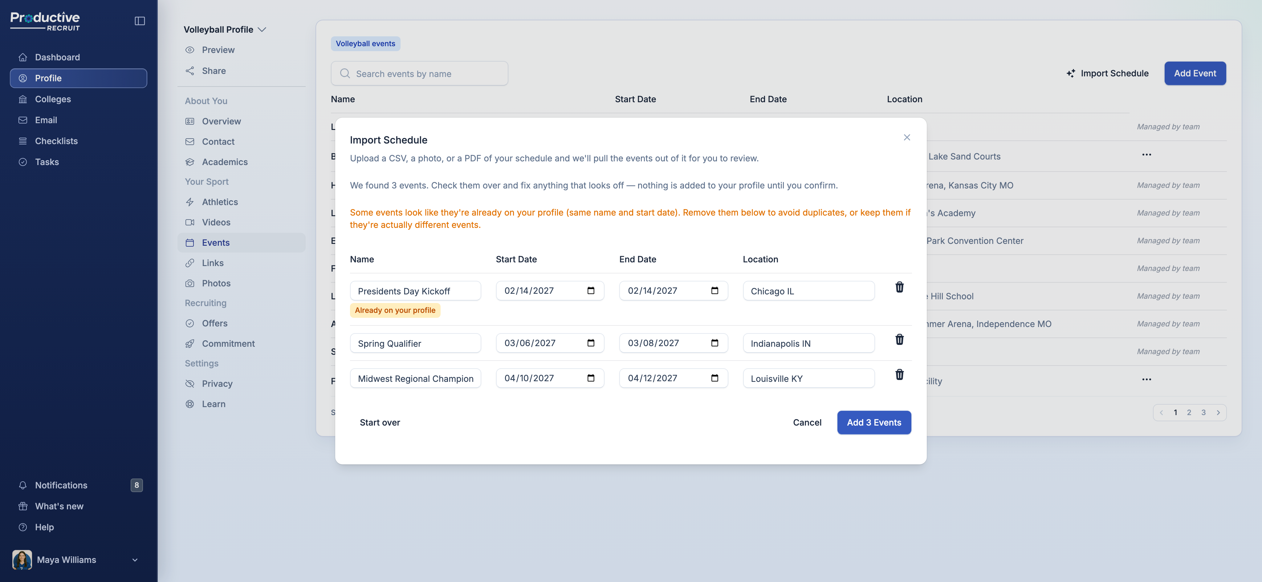AI schedule import review table with editable rows and a duplicate badge
