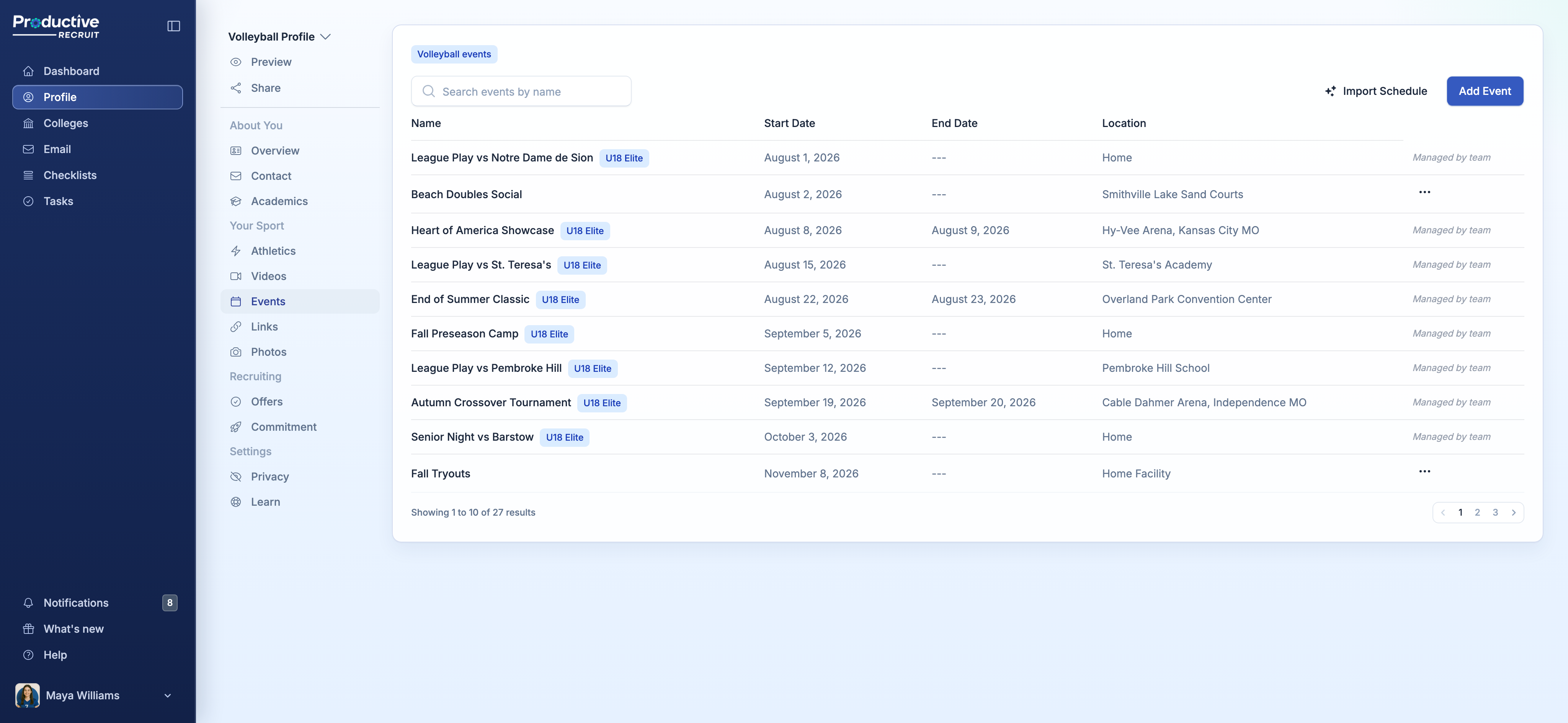 Events tab showing upcoming and past events with search