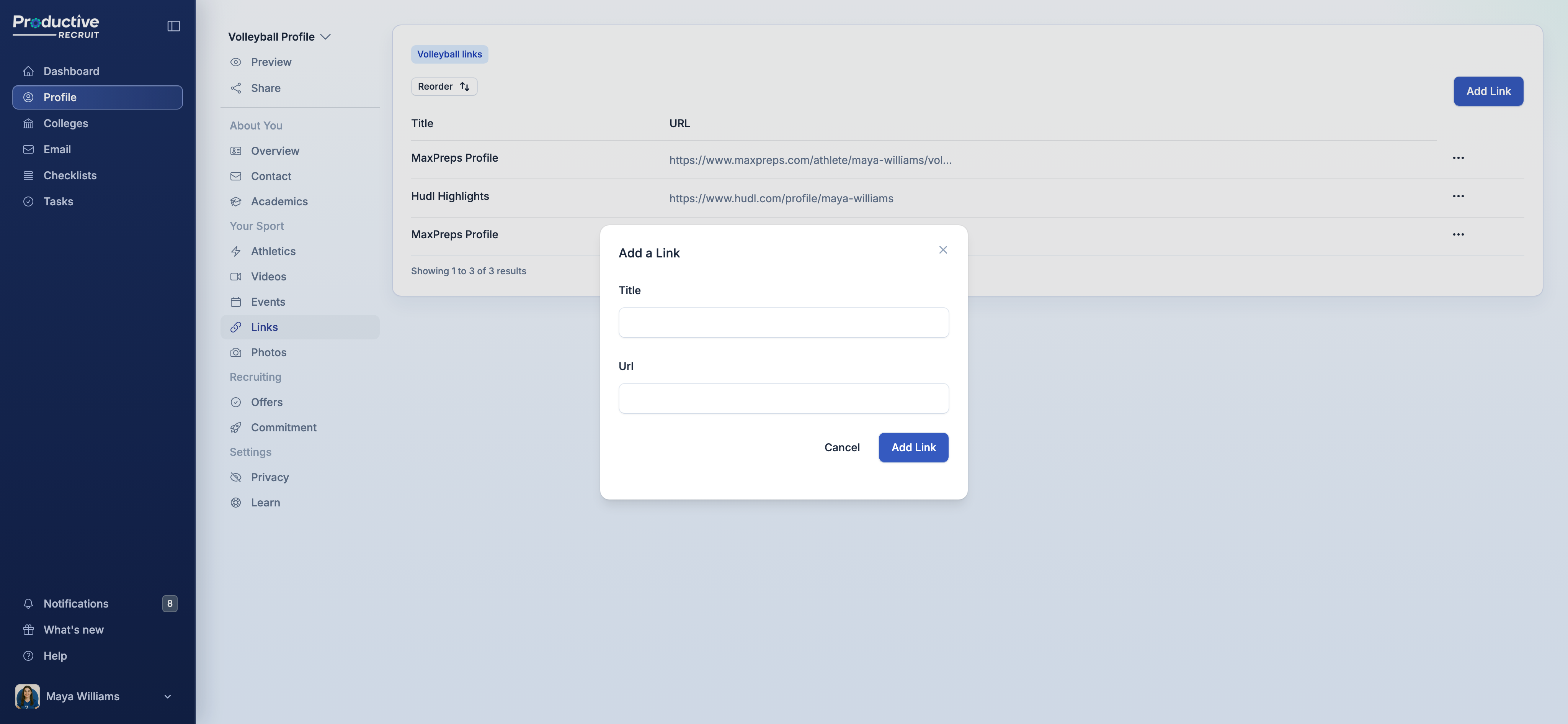 Add Link modal with Title and Url fields