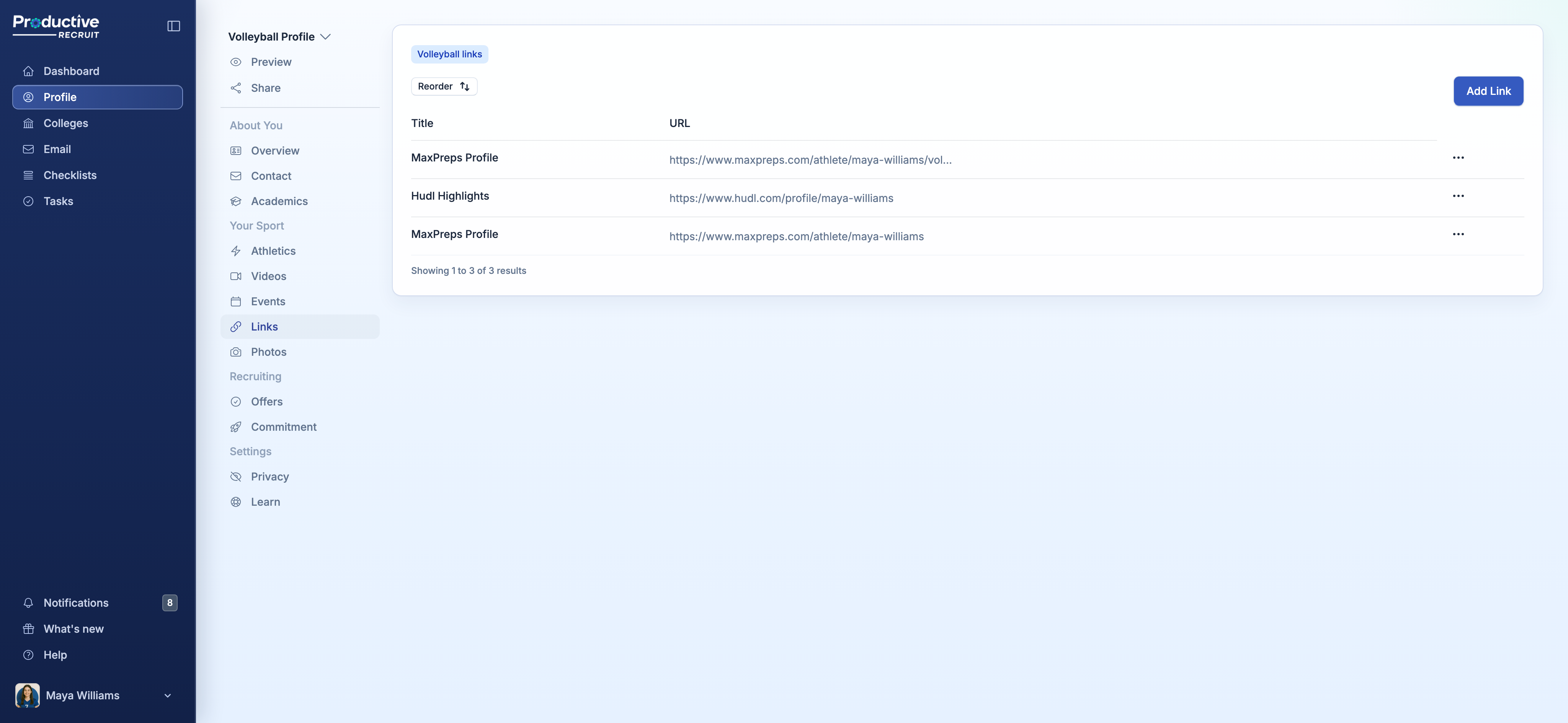 Links tab showing a table of saved links with View, Edit, and Delete actions