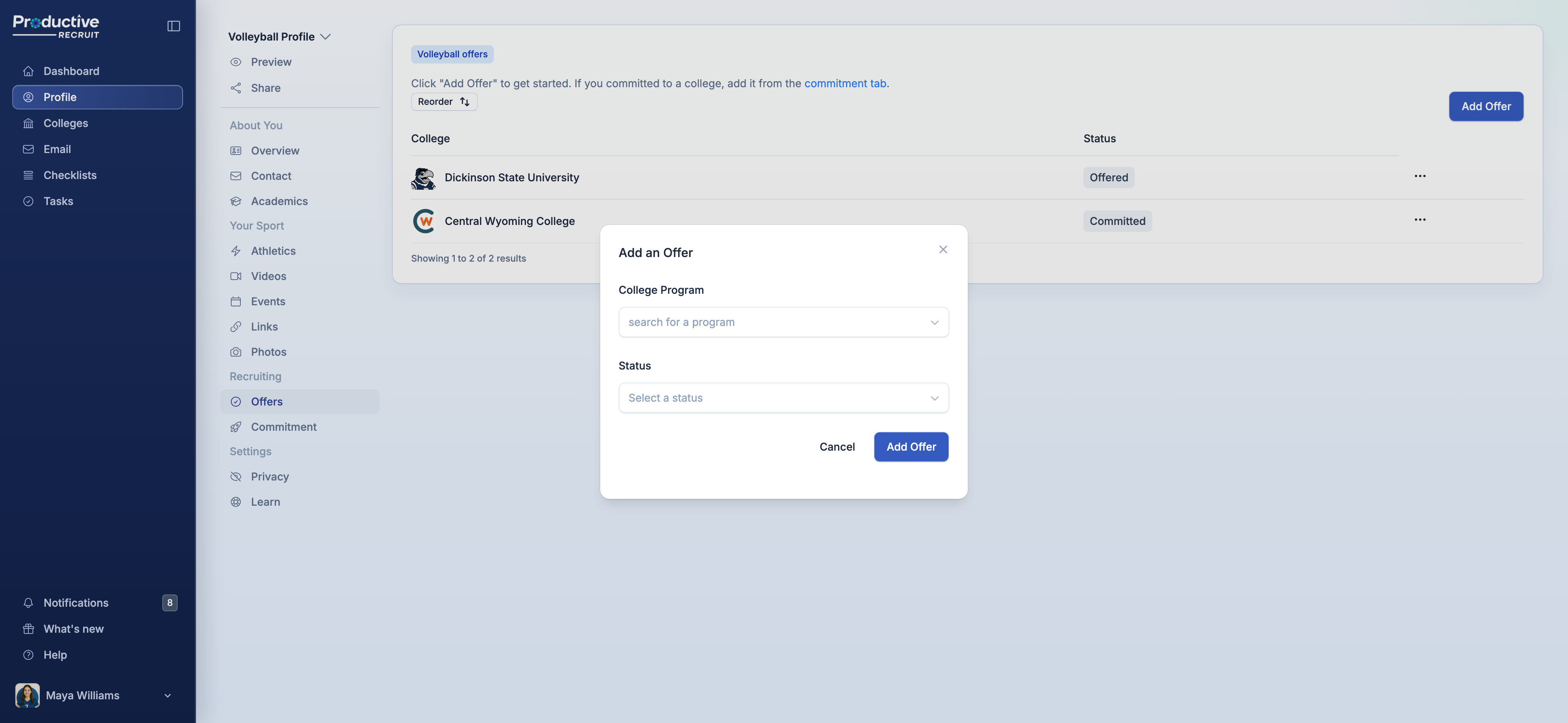 Add Offer modal with the college program picker and status dropdown