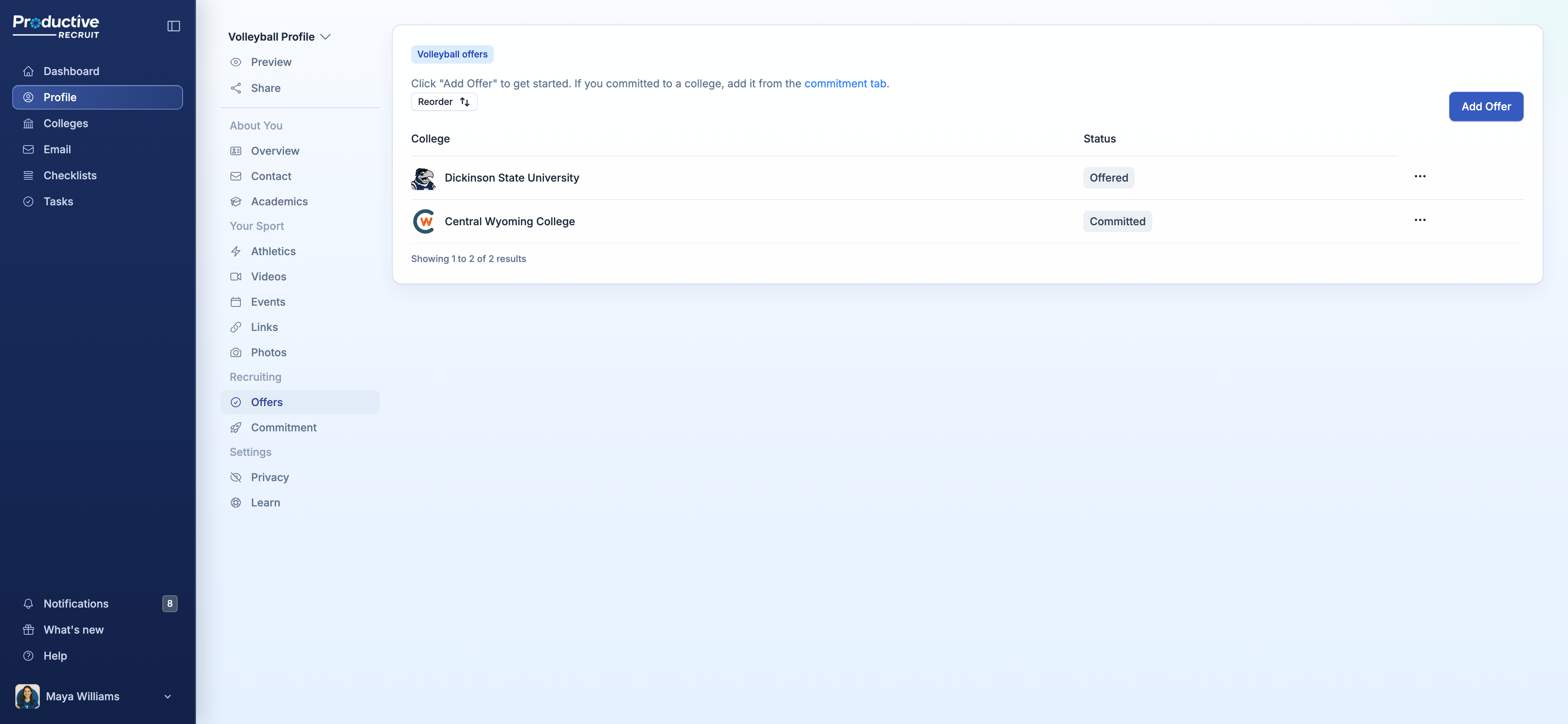 Offers tab showing the offer table with college logo, name, and status