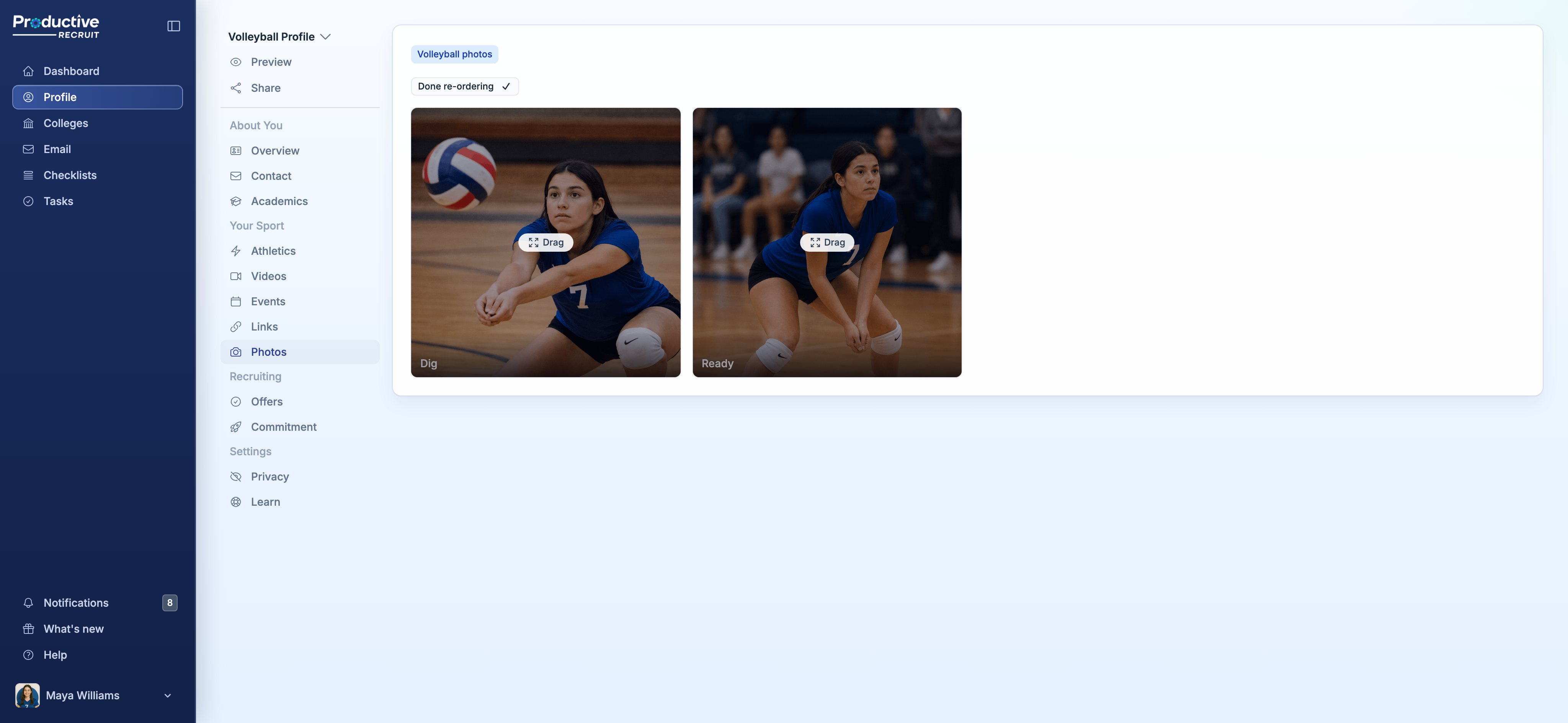 Photos tab showing the photo grid, the reorder button, and the add photo button