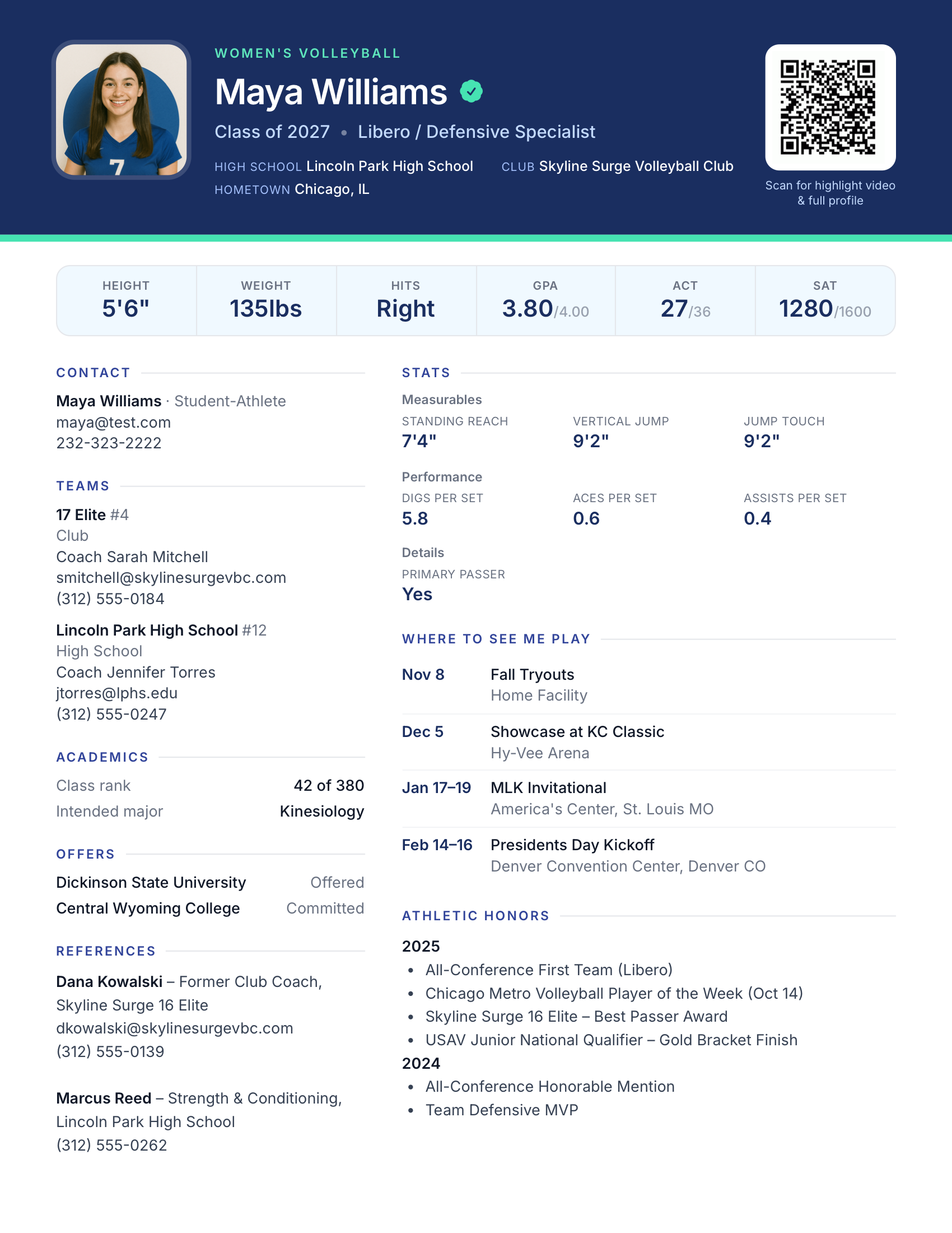 Page one of the printed profile: header with photo and QR code, key numbers, then contact, teams and academics beside stats, upcoming events and honors