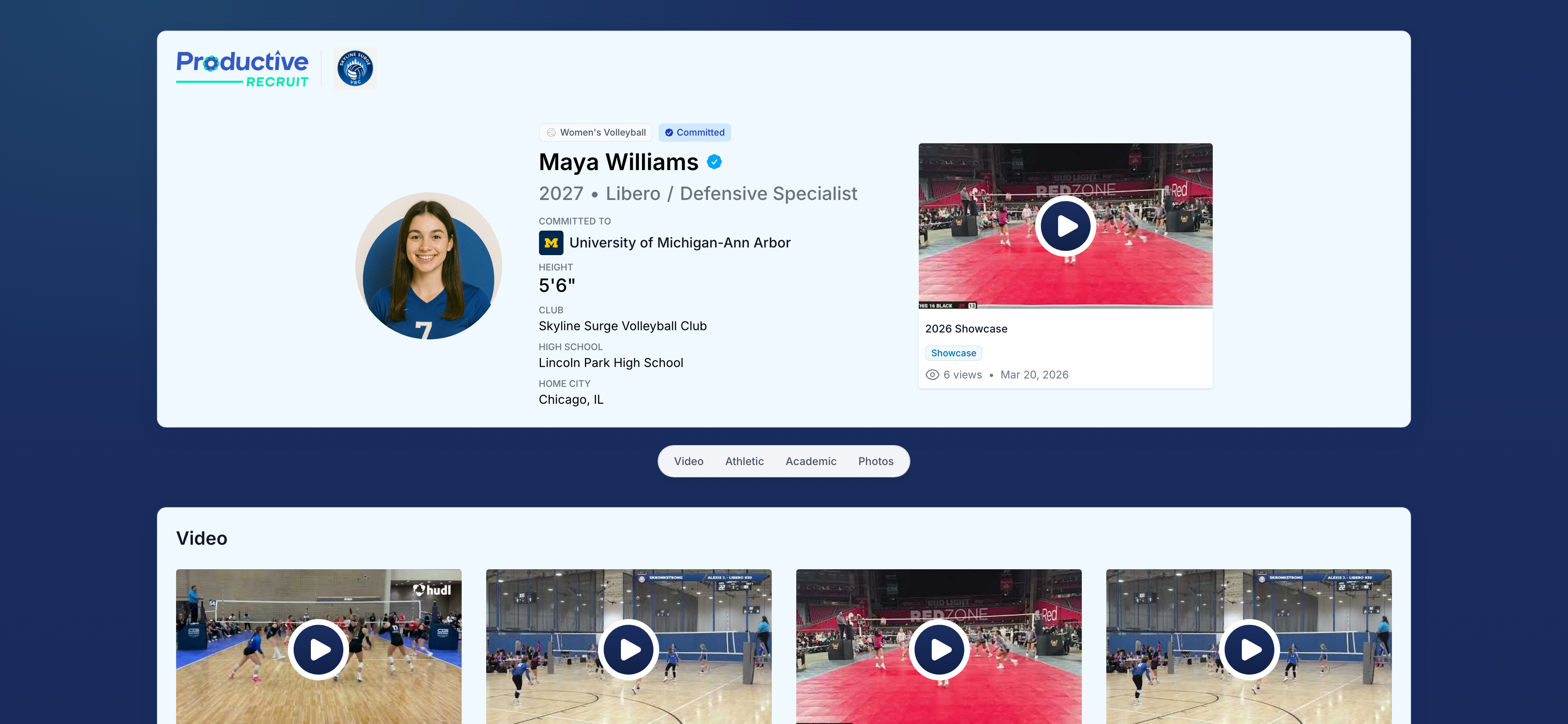 Public profile hero with photo, status chips, quick stats, featured video, and the sticky jump nav below it
