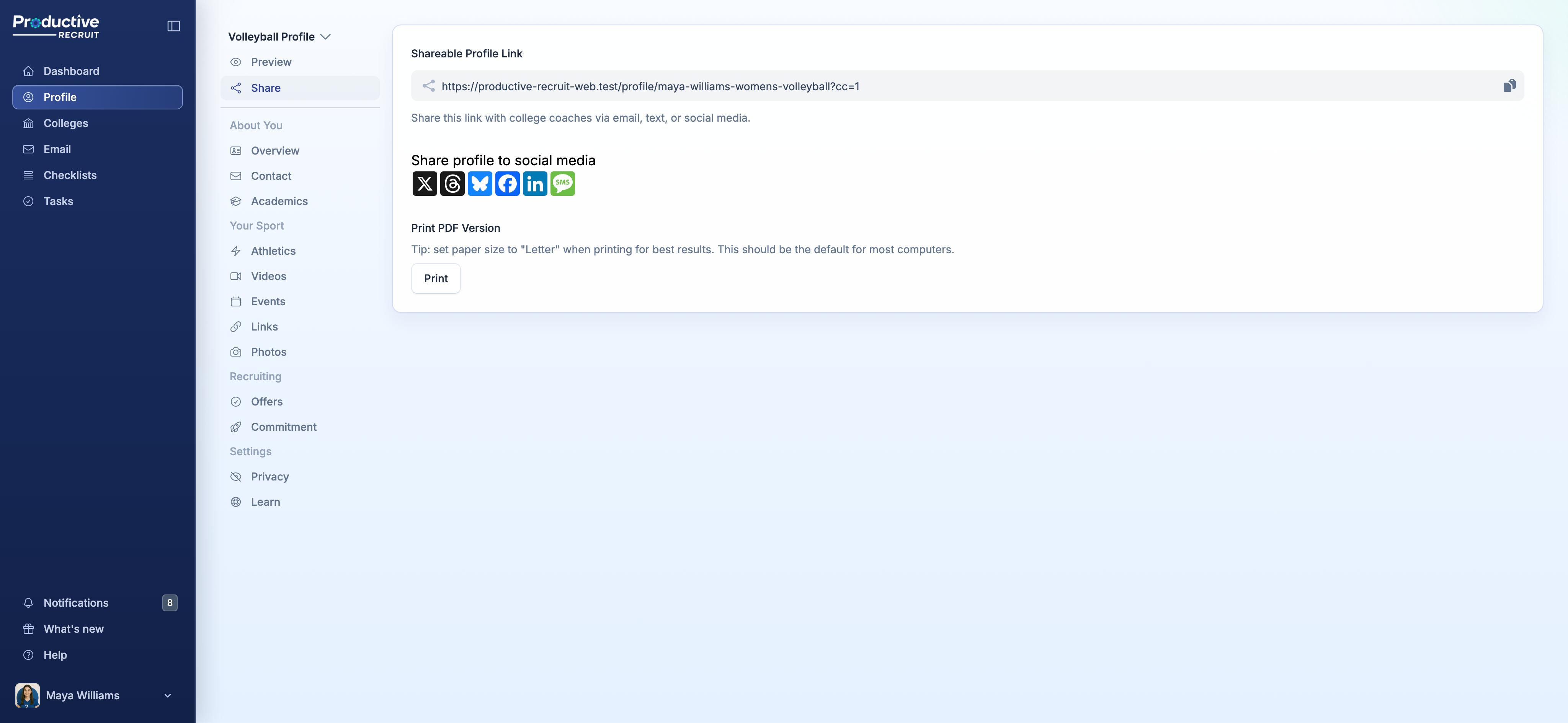 Share tab showing the shareable profile link and QR code