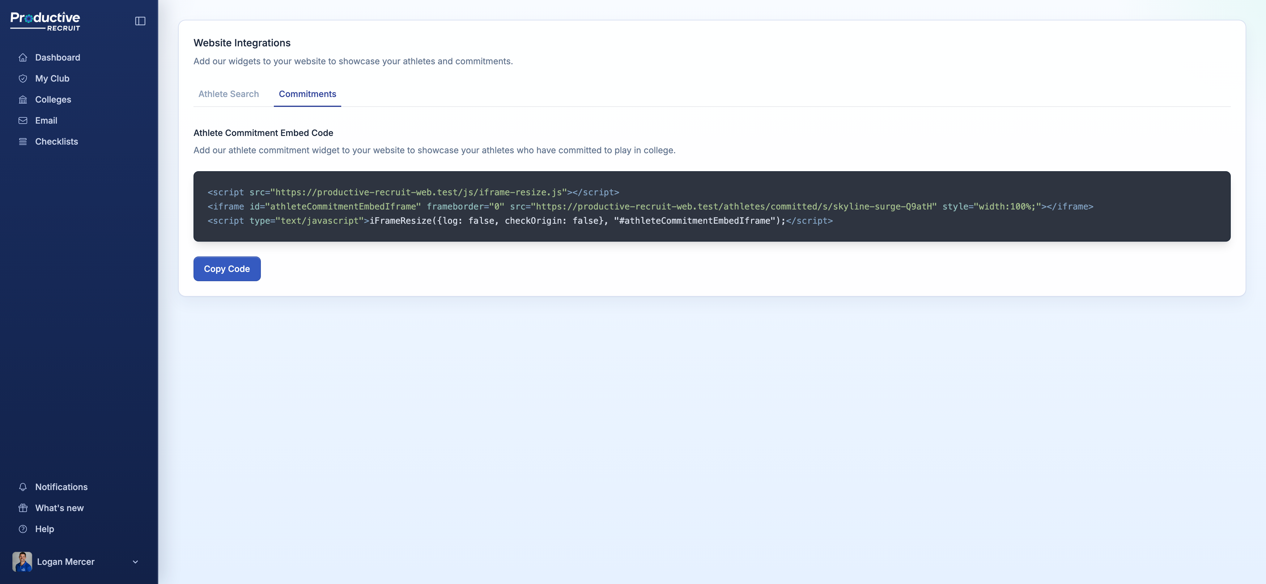 Website Integrations page, Commitments tab with the generated embed code