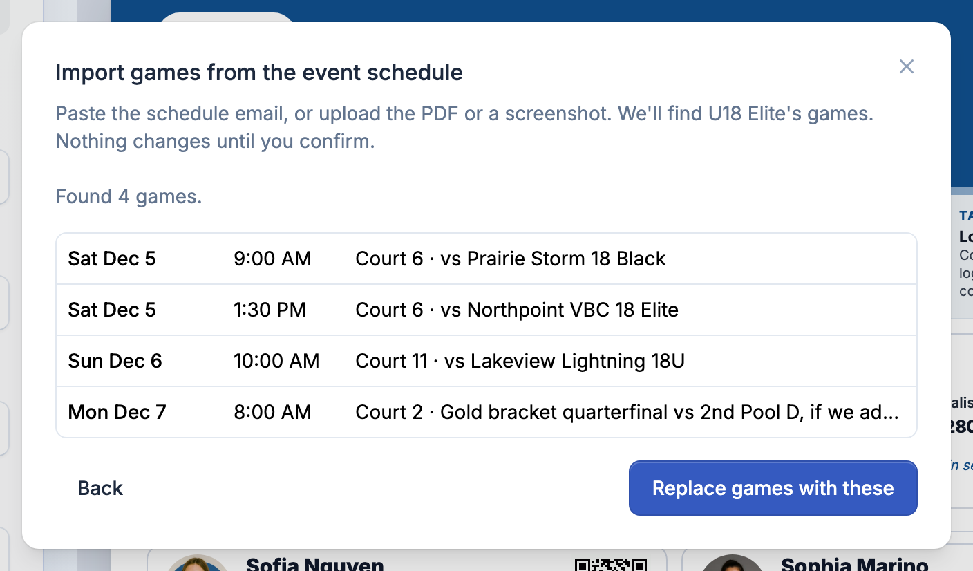 Importing games from the event schedule