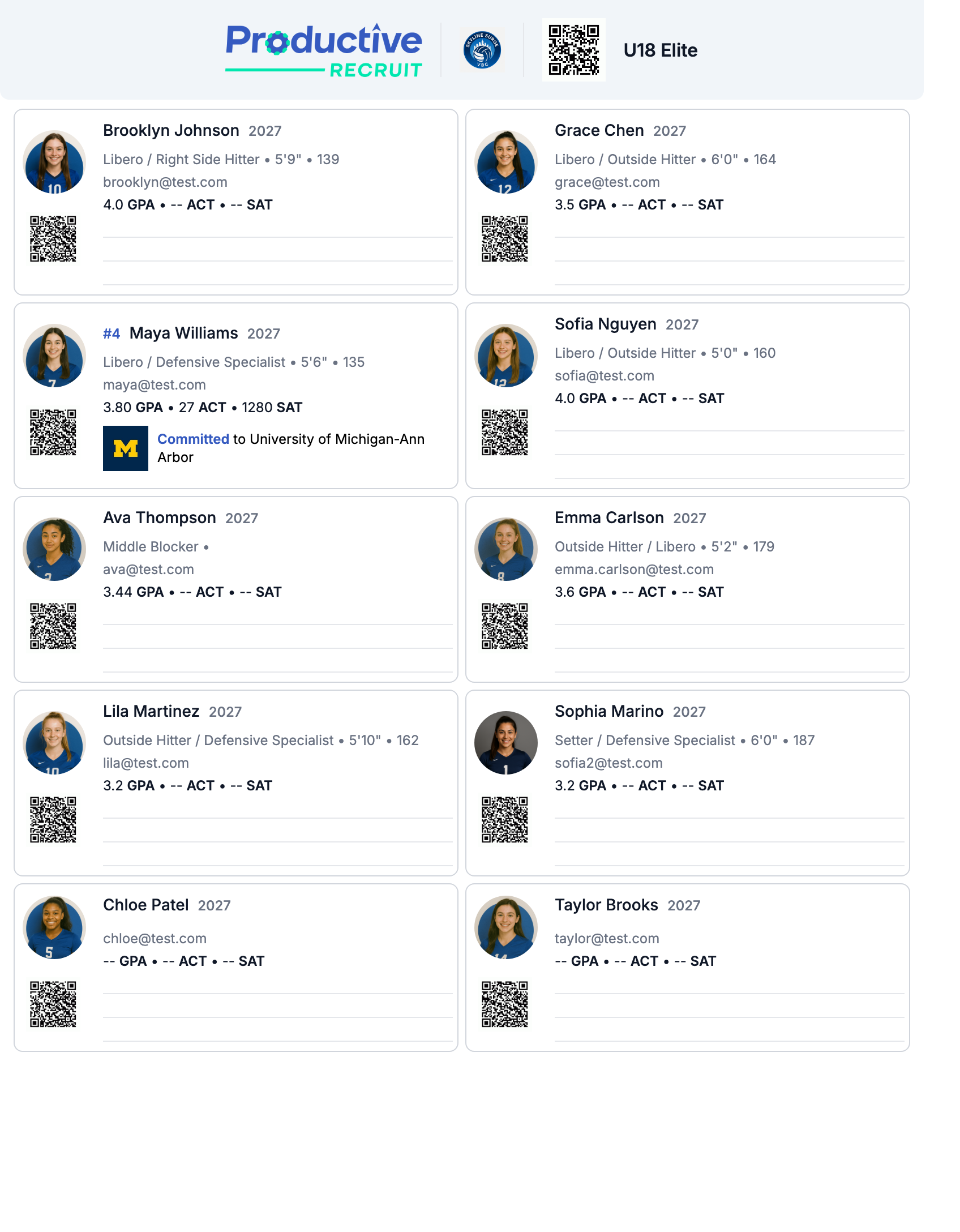 Printed roster page with team QR code and per-athlete QR codes
