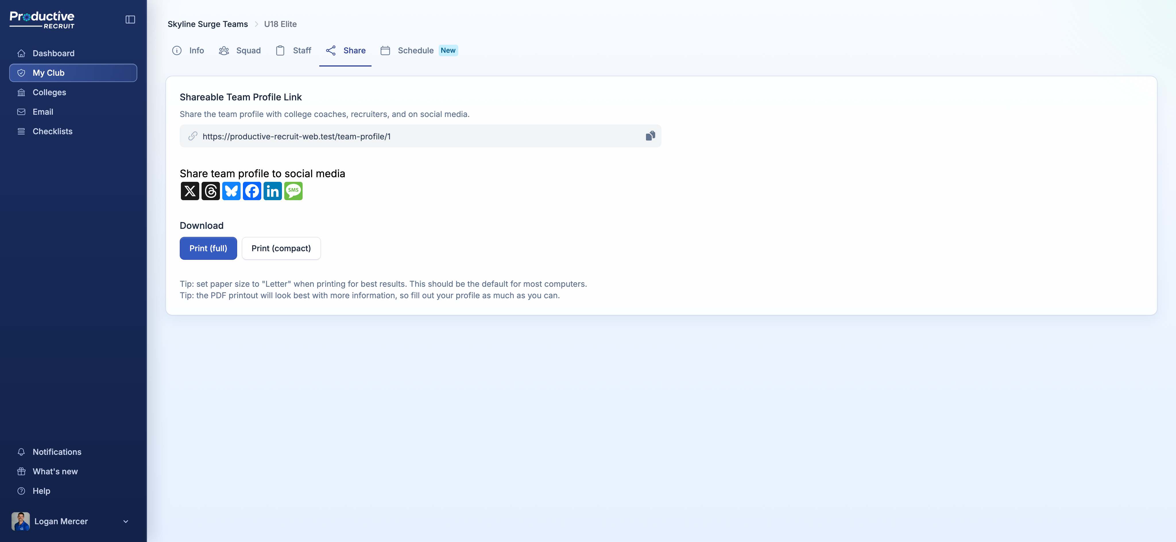 Team share page showing the Print (full) and Print (compact) buttons