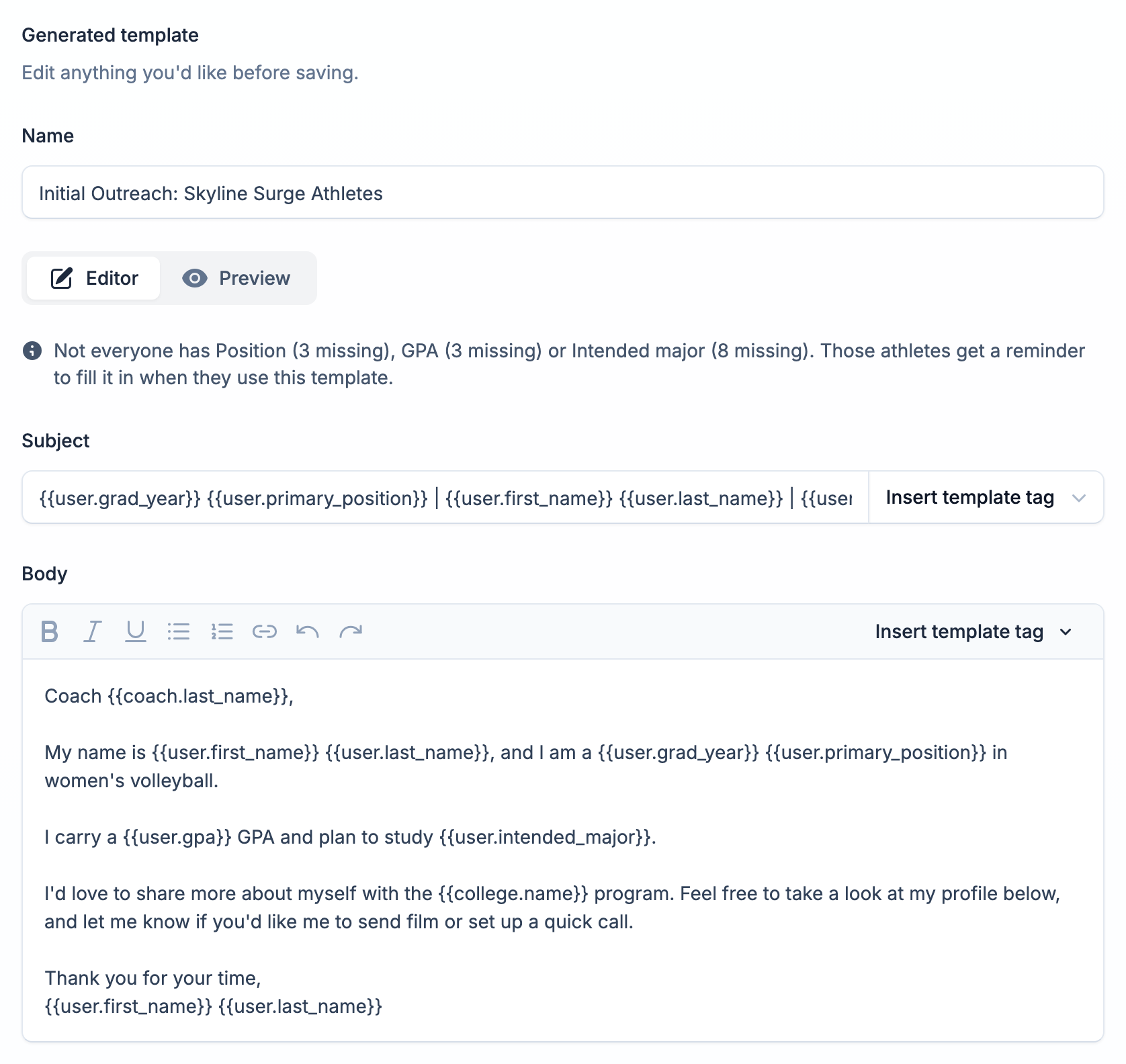 A generated group template with the note listing details some athletes haven't filled in