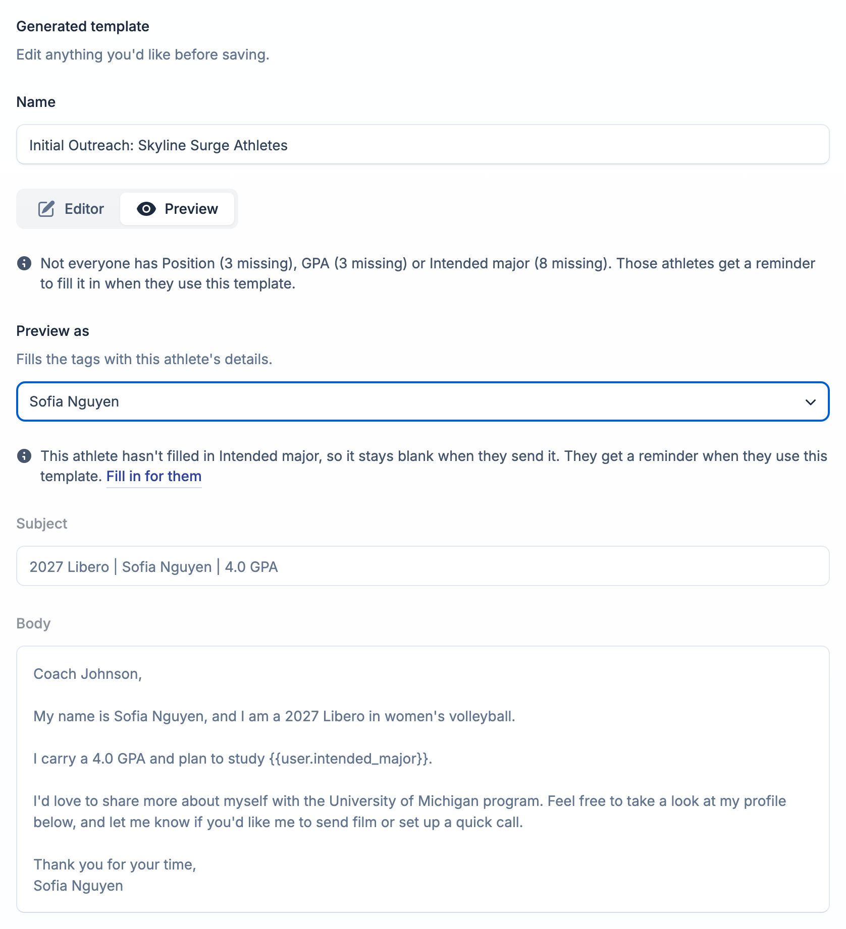 Previewing a shared template as one athlete